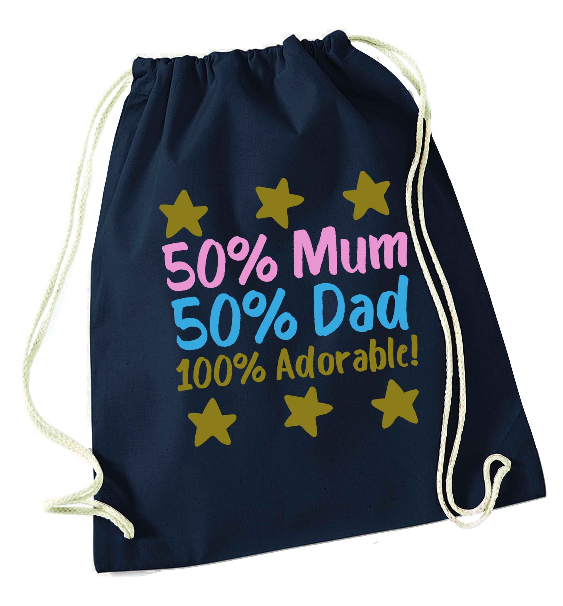 50% mum 50% dad 100% adorable navy drawstring bag