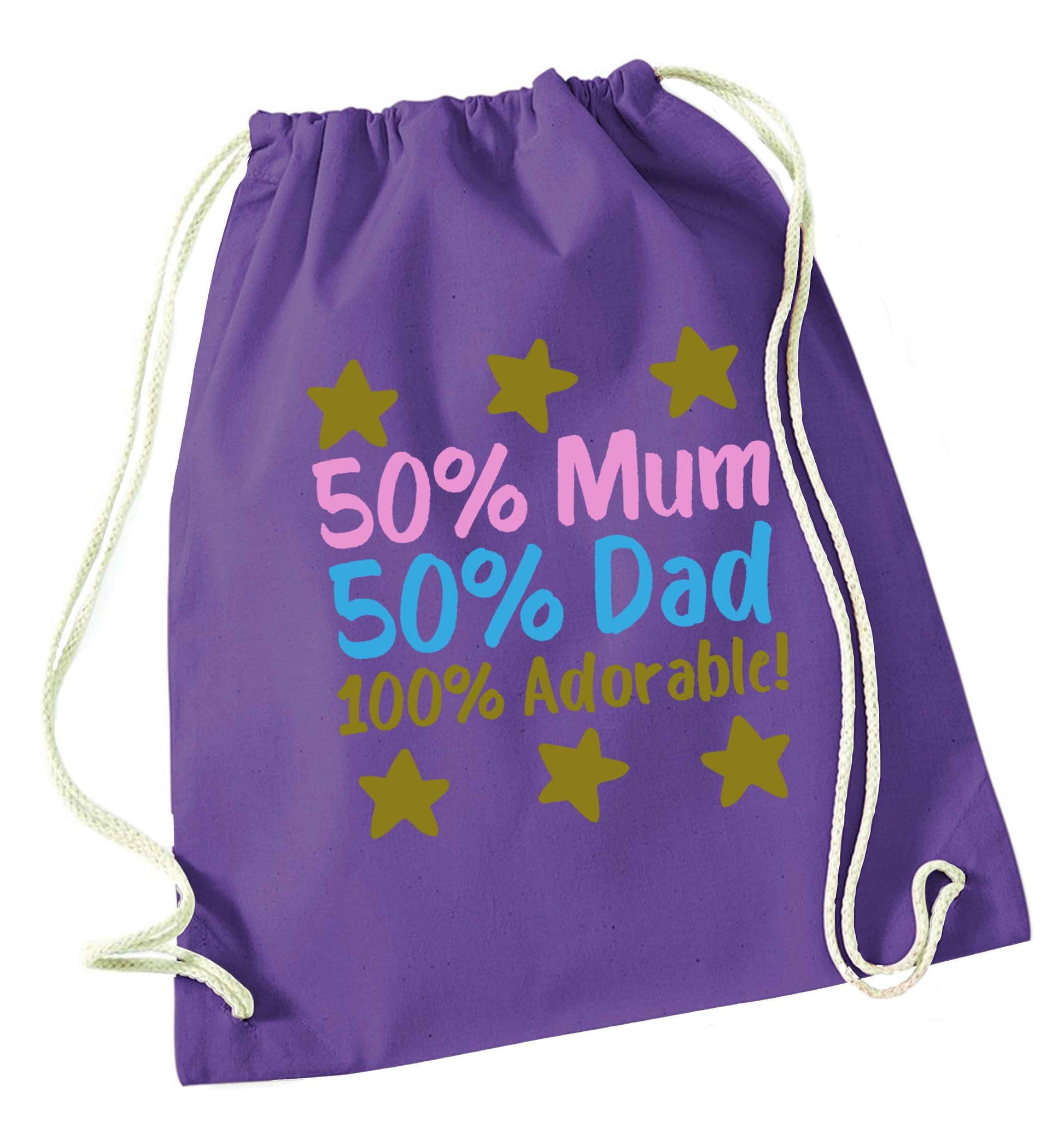 50% mum 50% dad 100% adorable purple drawstring bag