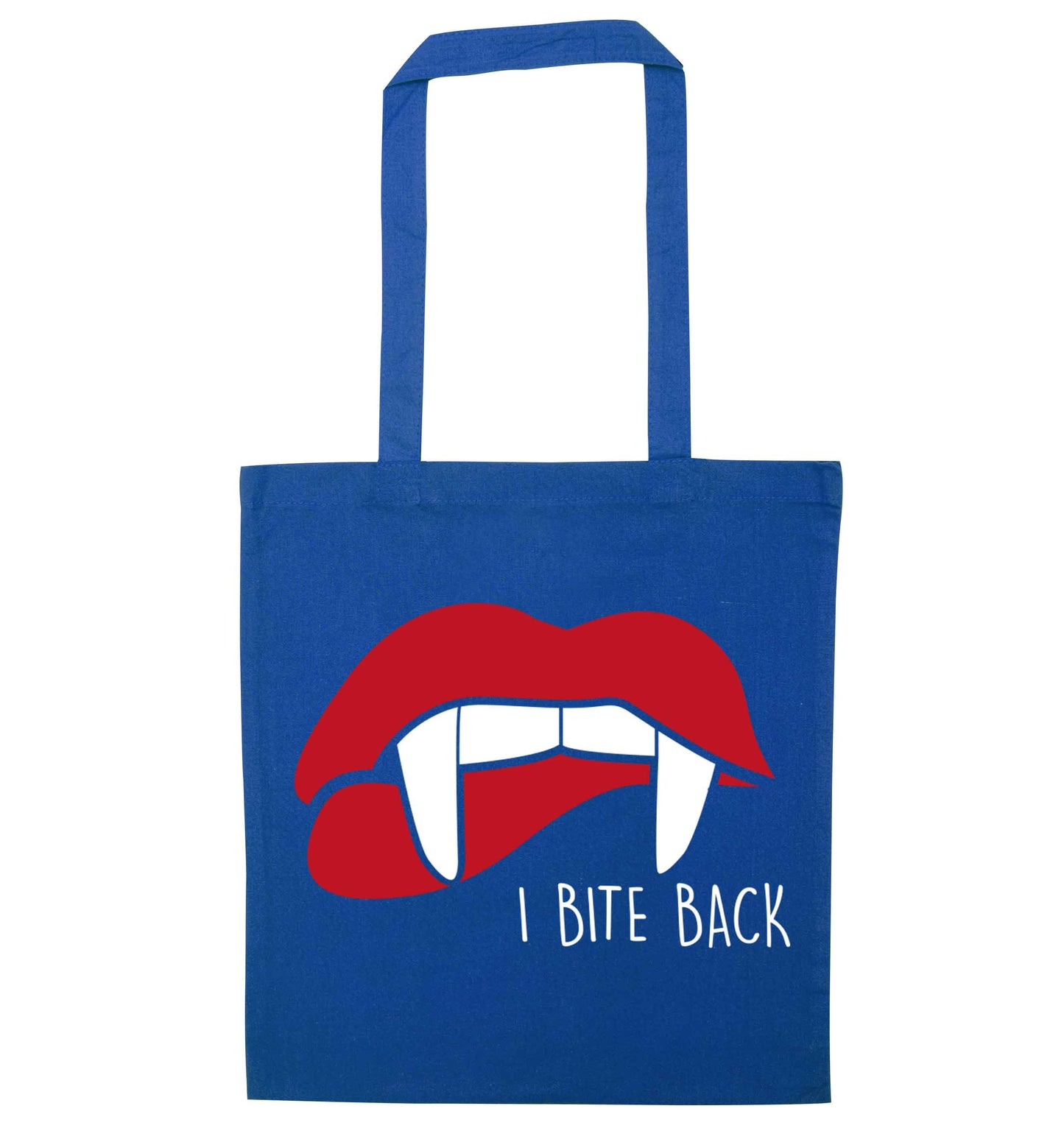 I bite back blue tote bag