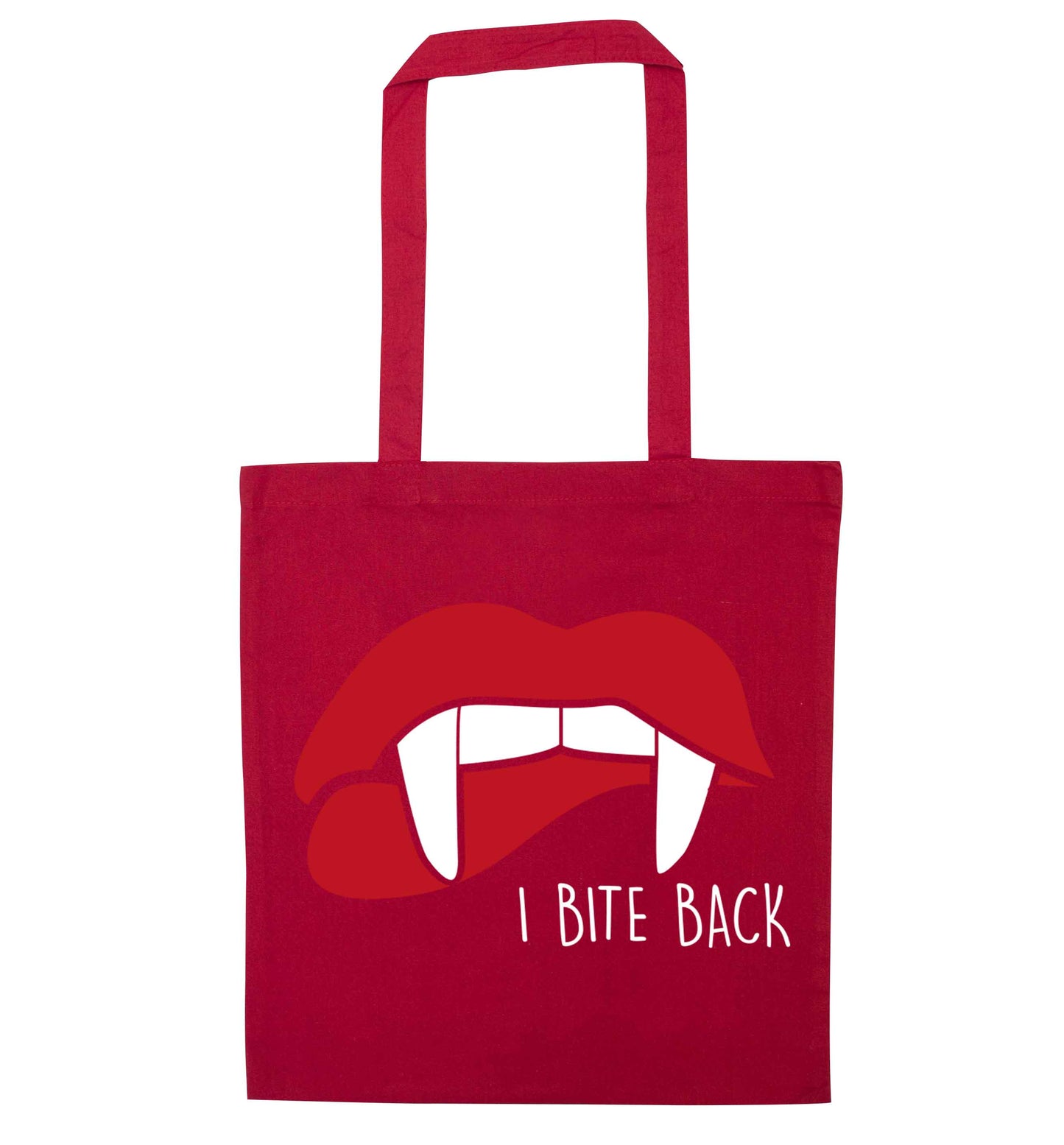 I bite back red tote bag