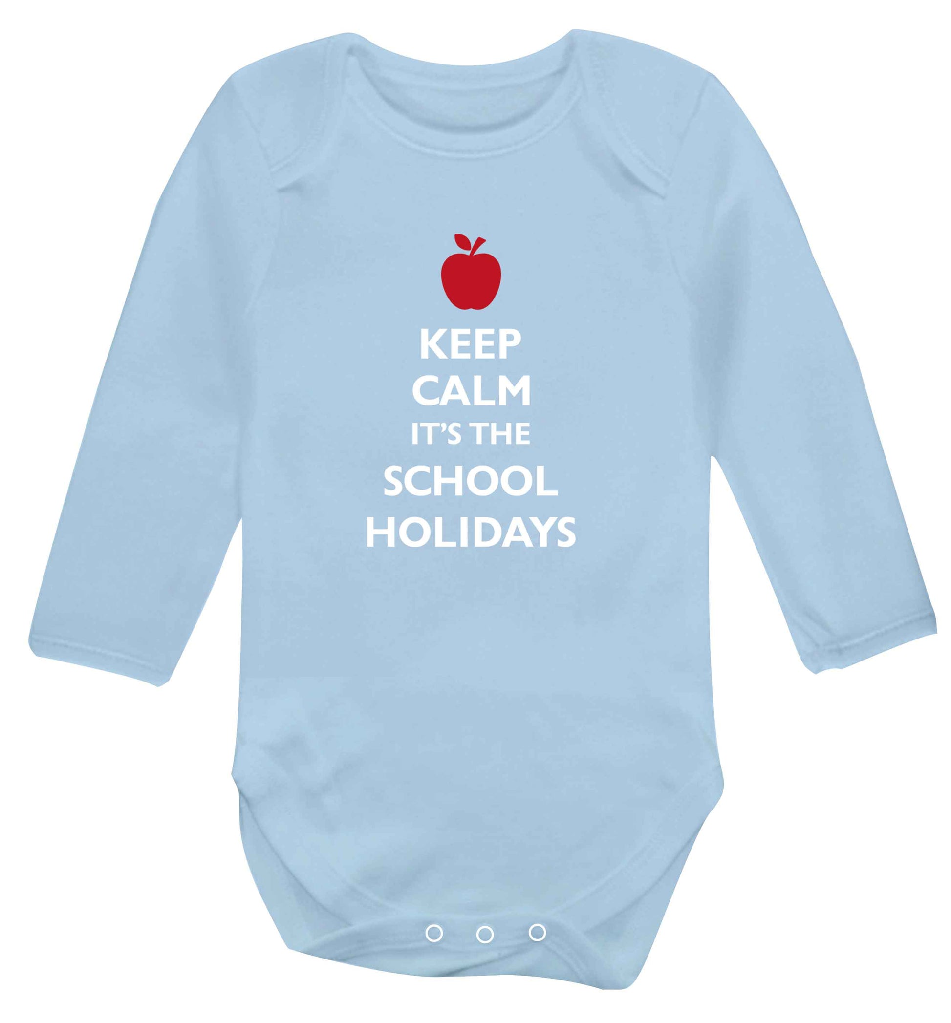 Keep calm it's the school holidays baby vest long sleeved pale blue 6-12 months