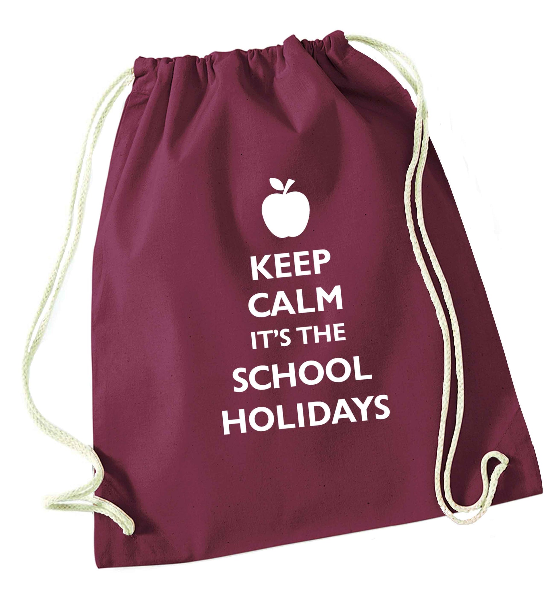 Keep calm it's the school holidays maroon drawstring bag