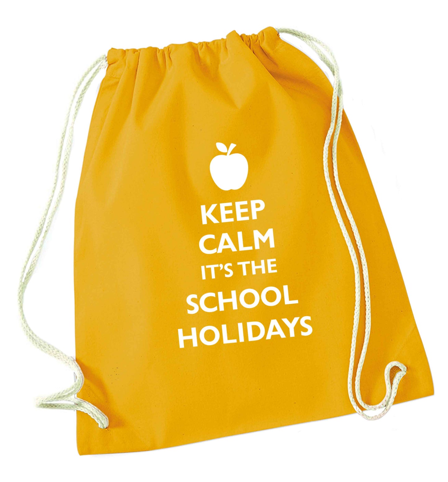 Keep calm it's the school holidays mustard drawstring bag