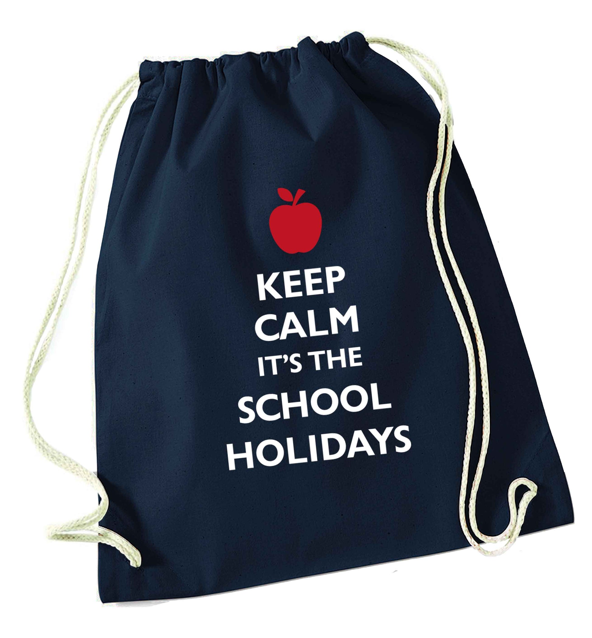 Keep calm it's the school holidays navy drawstring bag