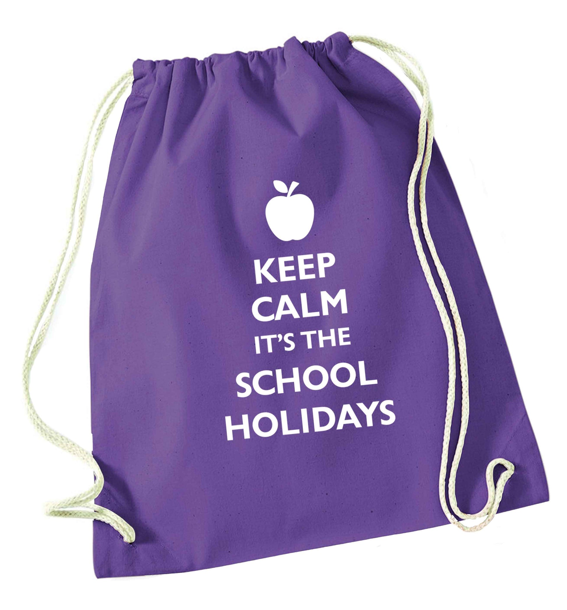 Keep calm it's the school holidays purple drawstring bag