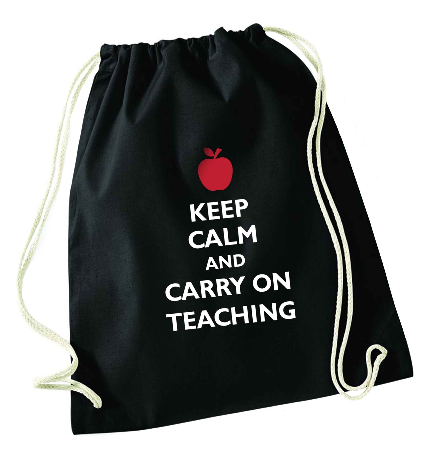 Keep calm and carry on teaching black drawstring bag