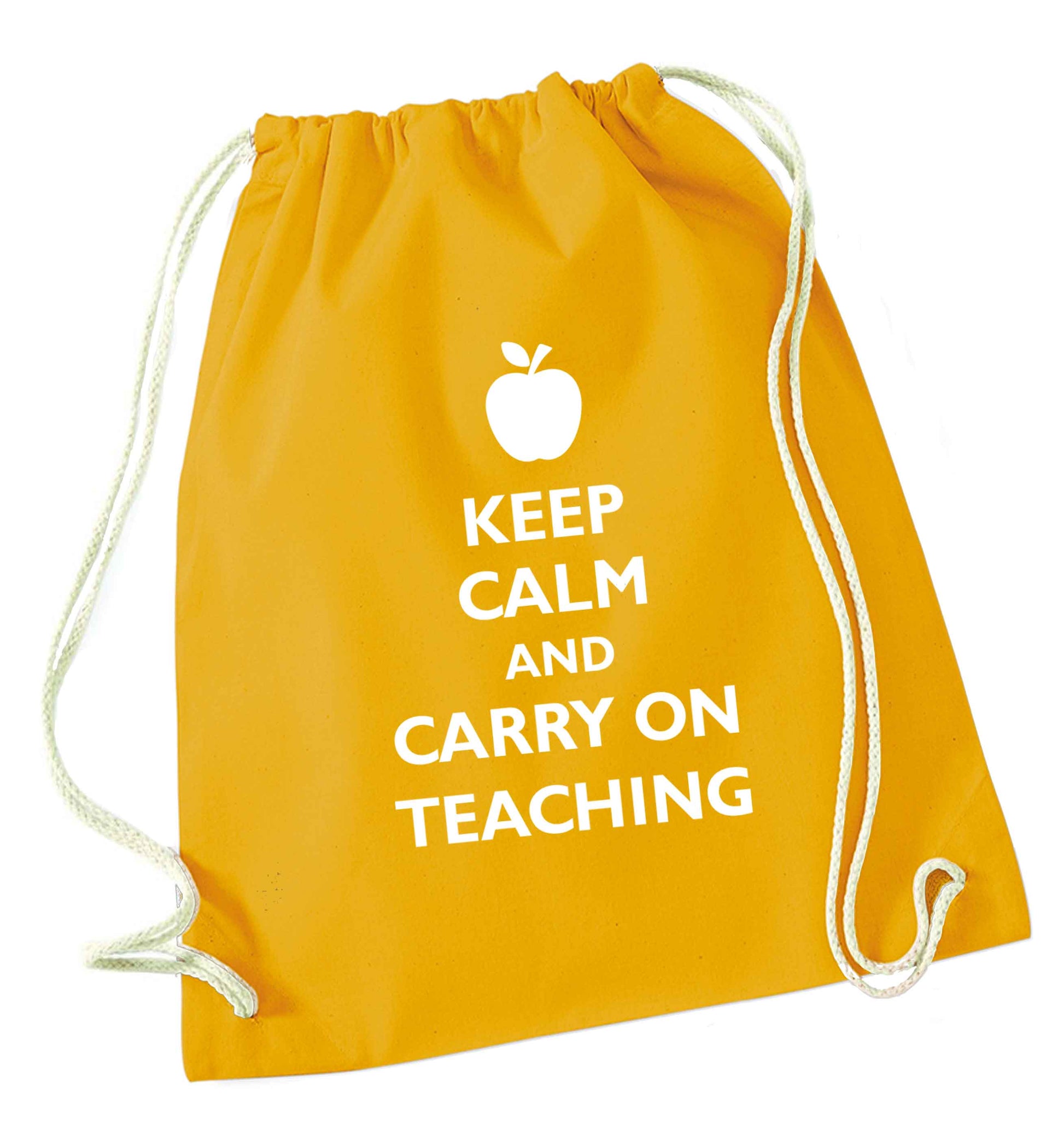 Keep calm and carry on teaching mustard drawstring bag