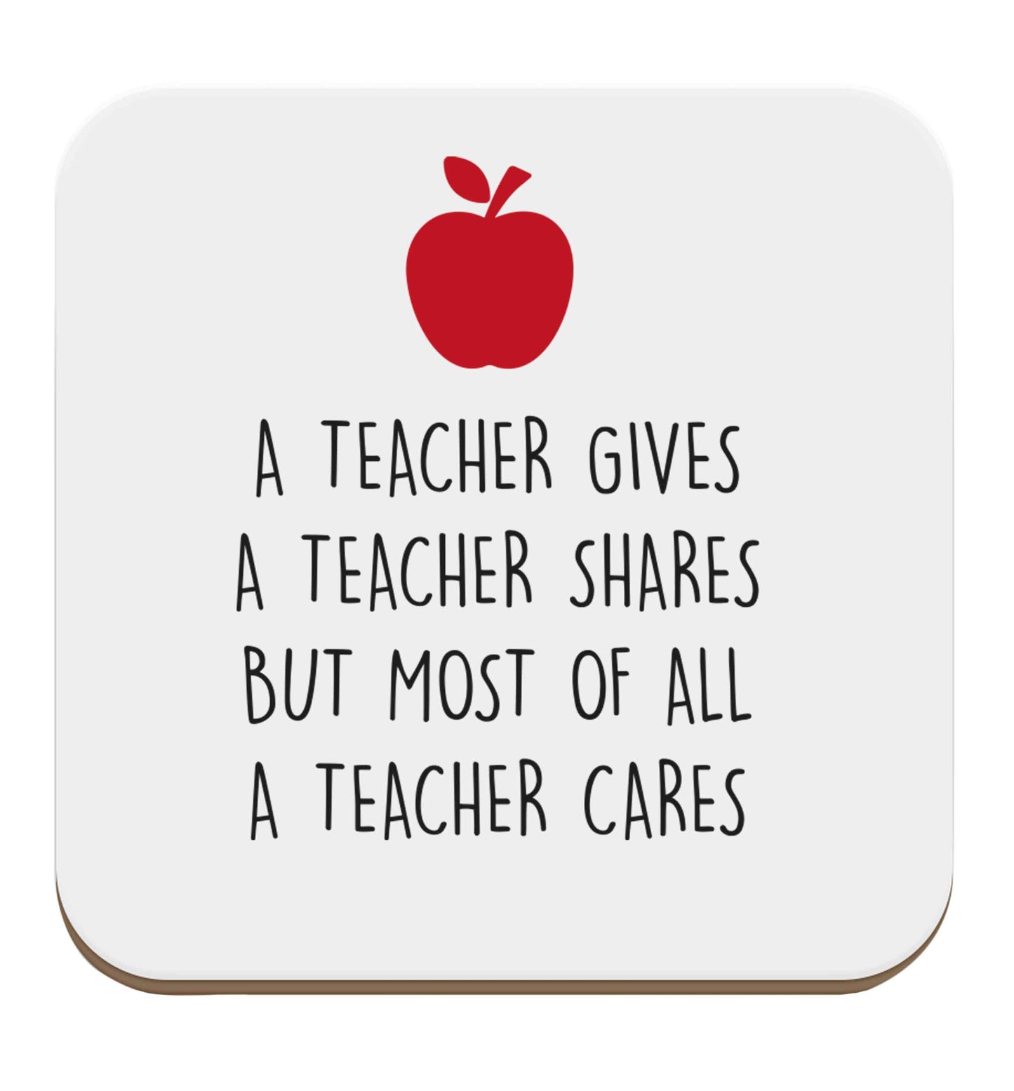 A teacher gives a teacher shares but most of all a teacher cares set of four coasters