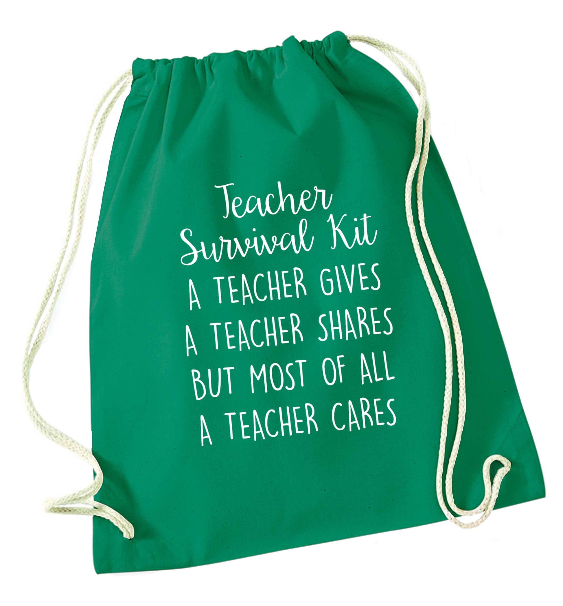 Teacher survival kit, a teacher gives a teacher shares but most of all a teacher cares green drawstring bag