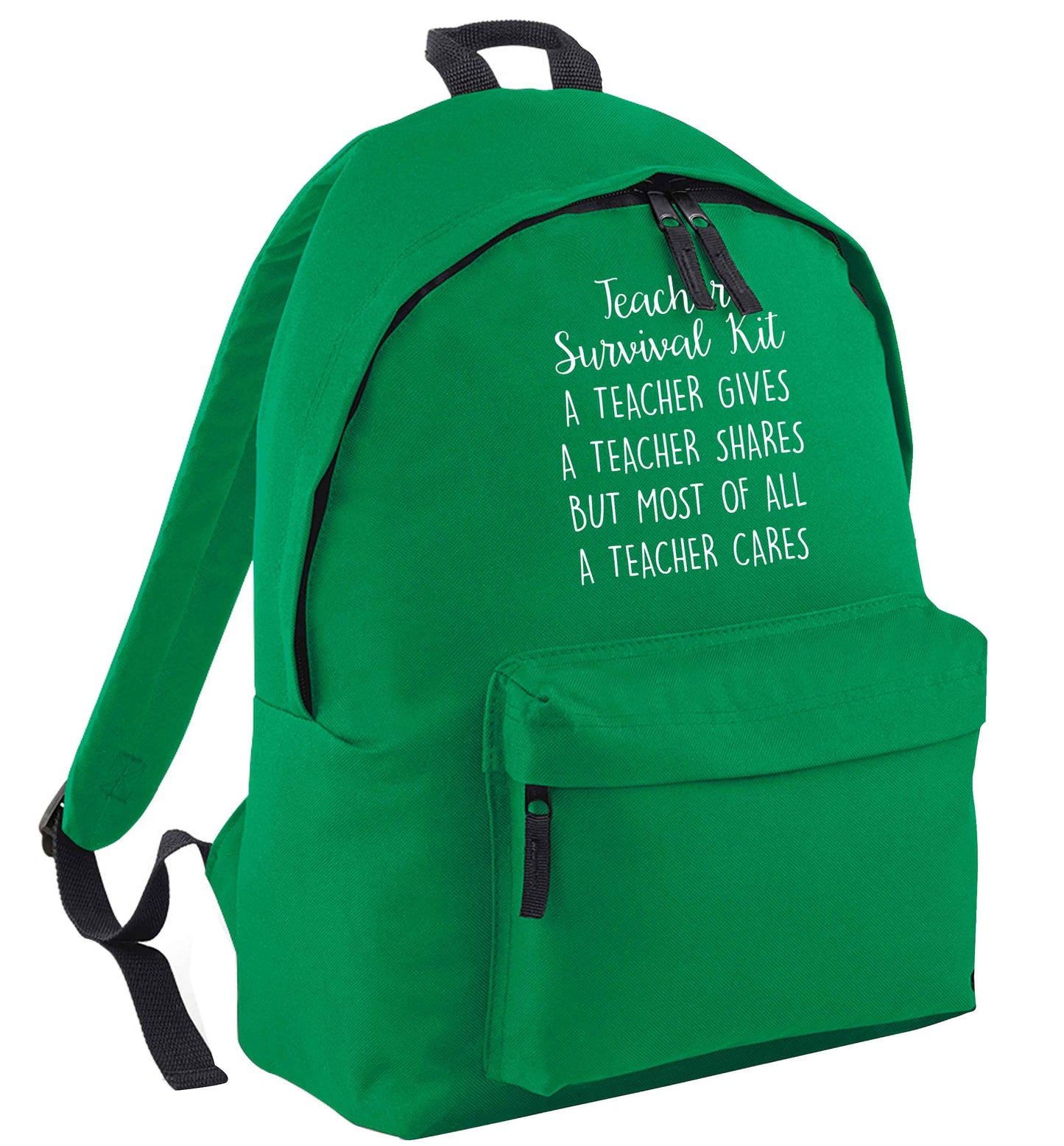 Teacher survival kit, a teacher gives a teacher shares but most of all a teacher cares green adults backpack