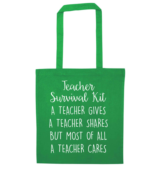 Teacher survival kit, a teacher gives a teacher shares but most of all a teacher cares green tote bag