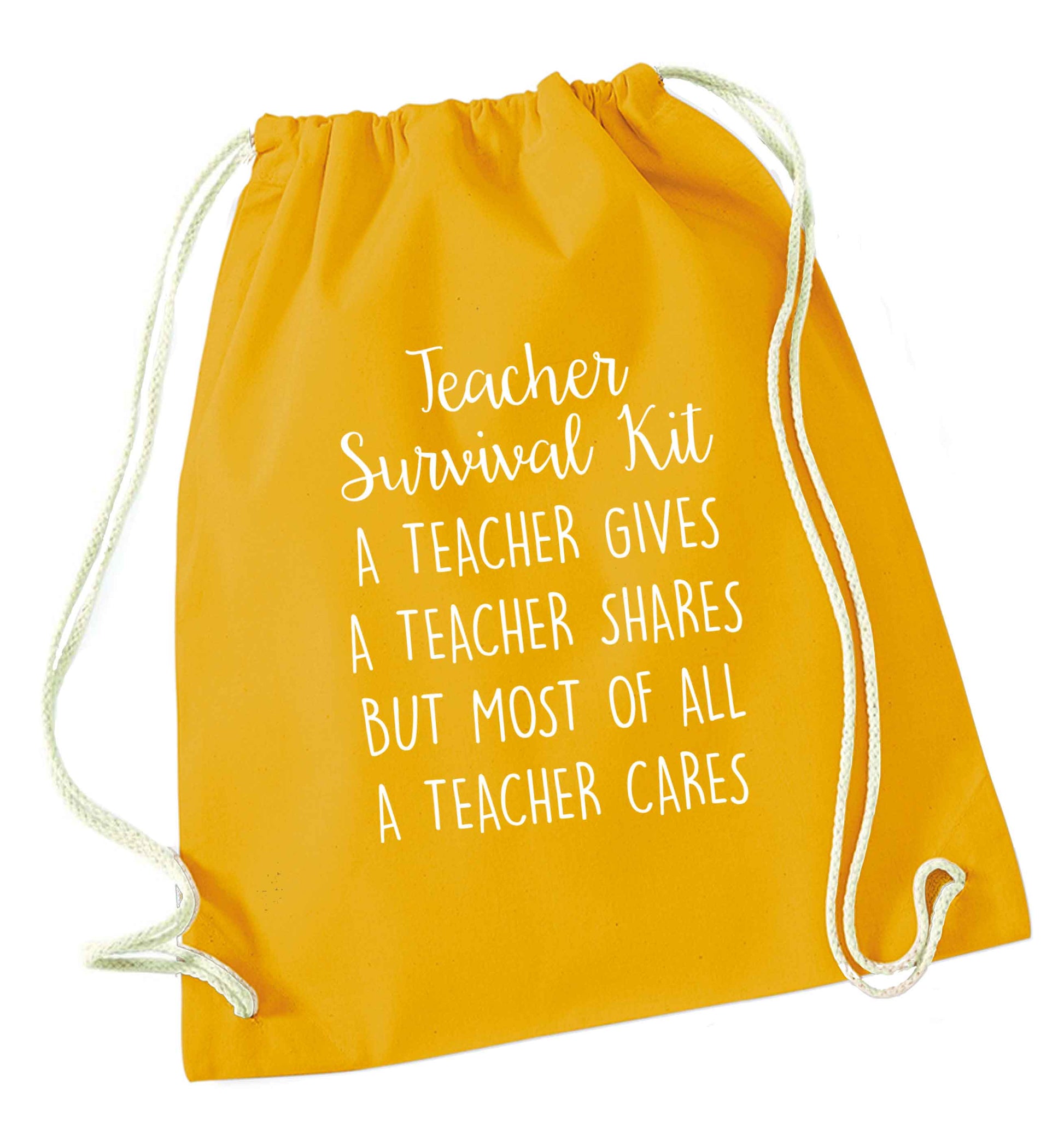 Teacher survival kit, a teacher gives a teacher shares but most of all a teacher cares mustard drawstring bag