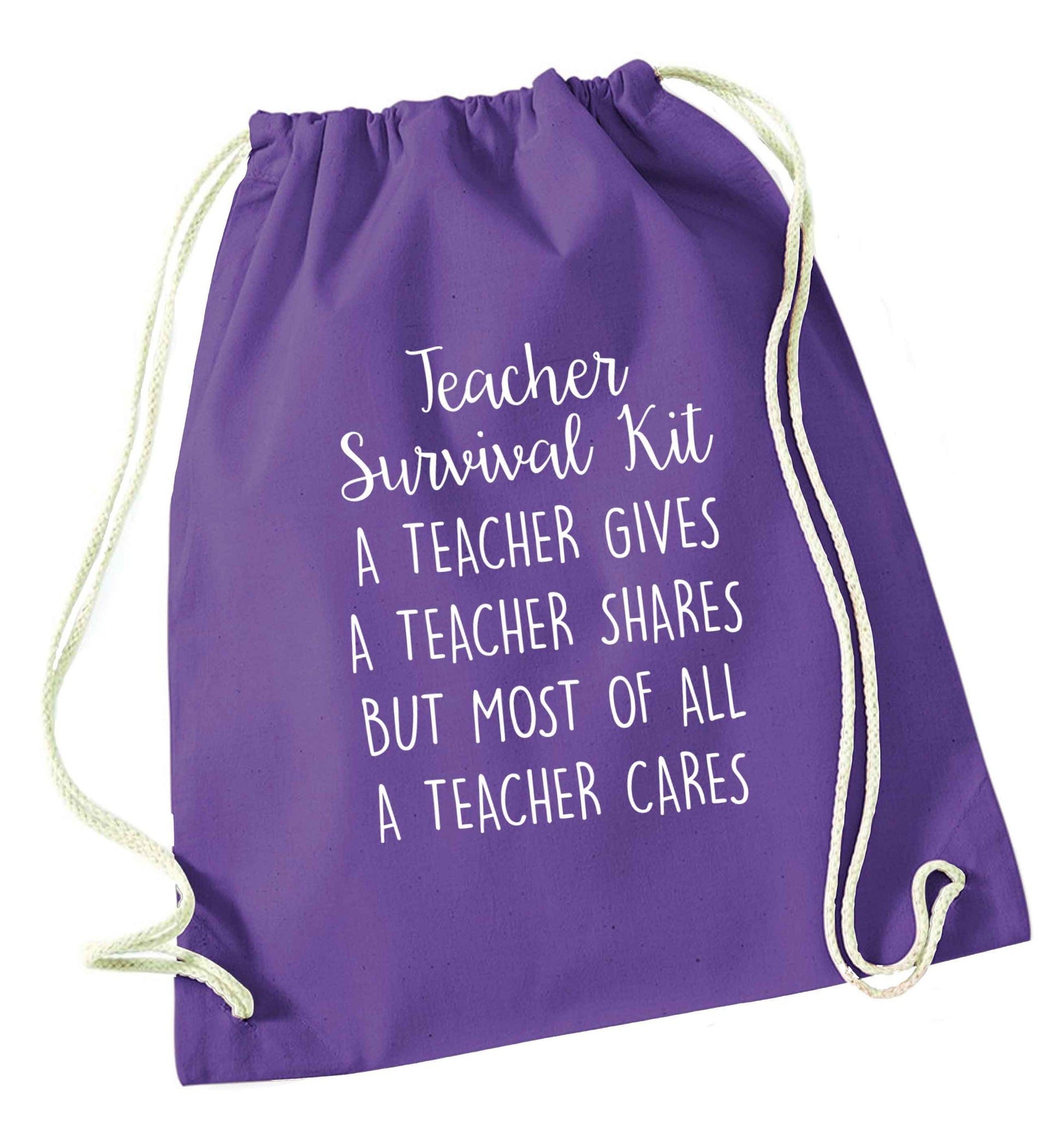 Teacher survival kit, a teacher gives a teacher shares but most of all a teacher cares purple drawstring bag