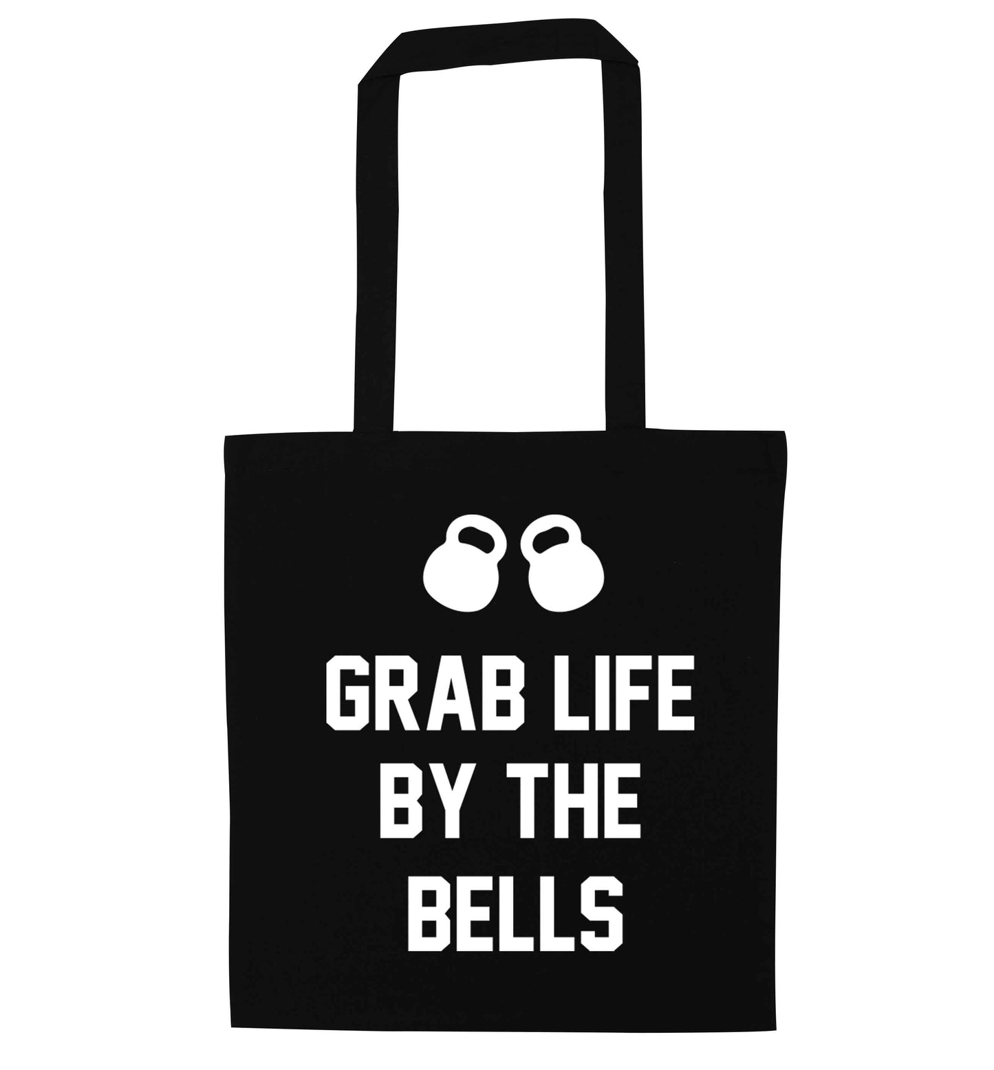 Grab life by the bells black tote bag