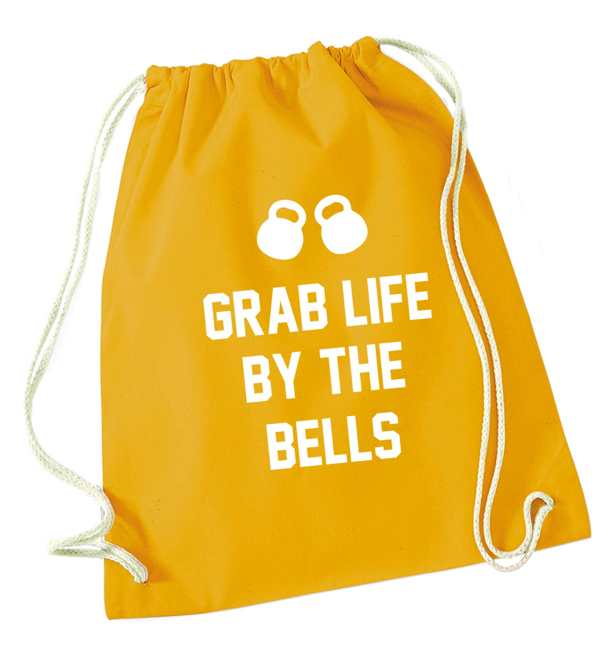 Grab life by the bells mustard drawstring bag