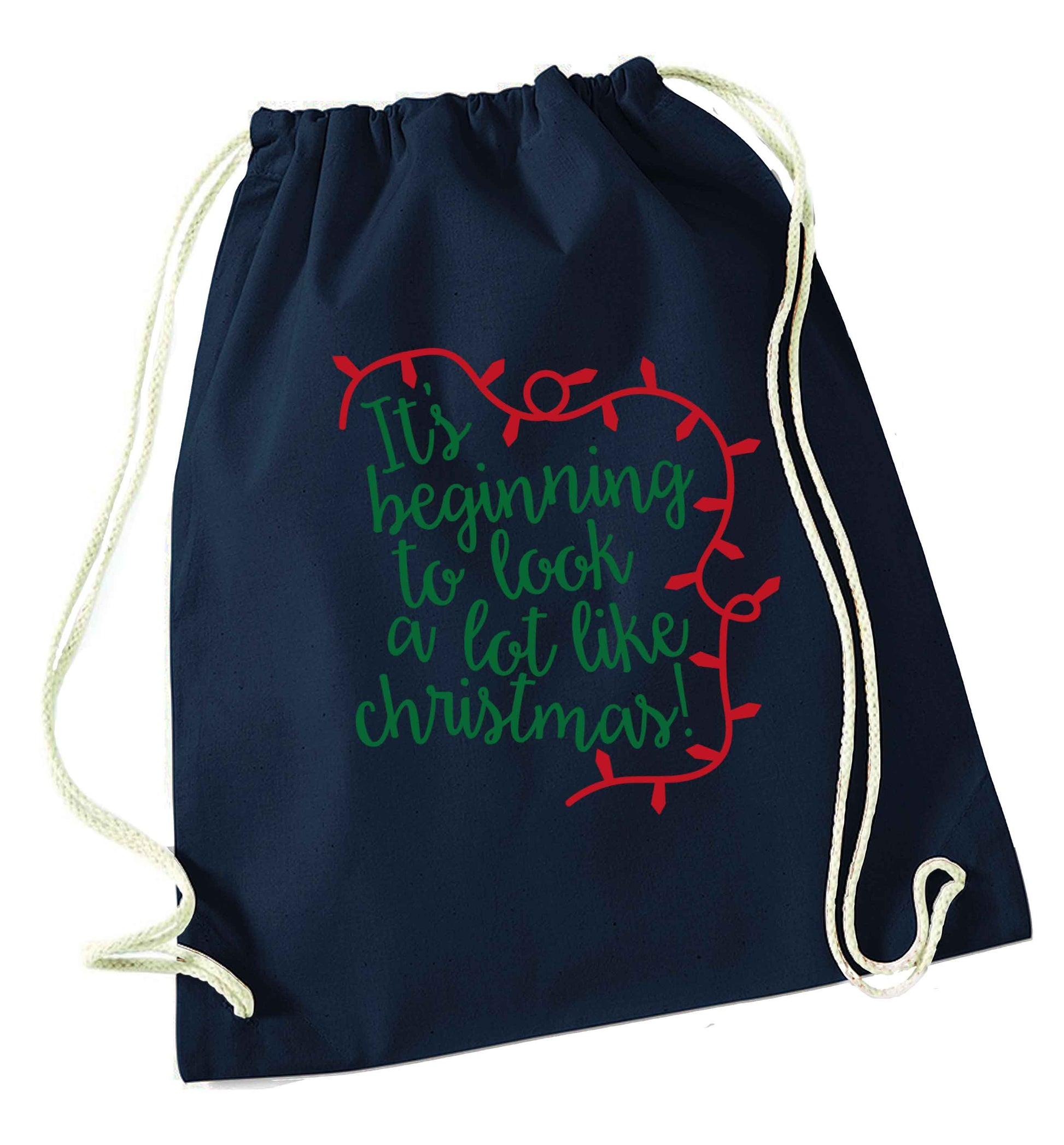 It's beginning to look a lot like Christmas navy drawstring bag