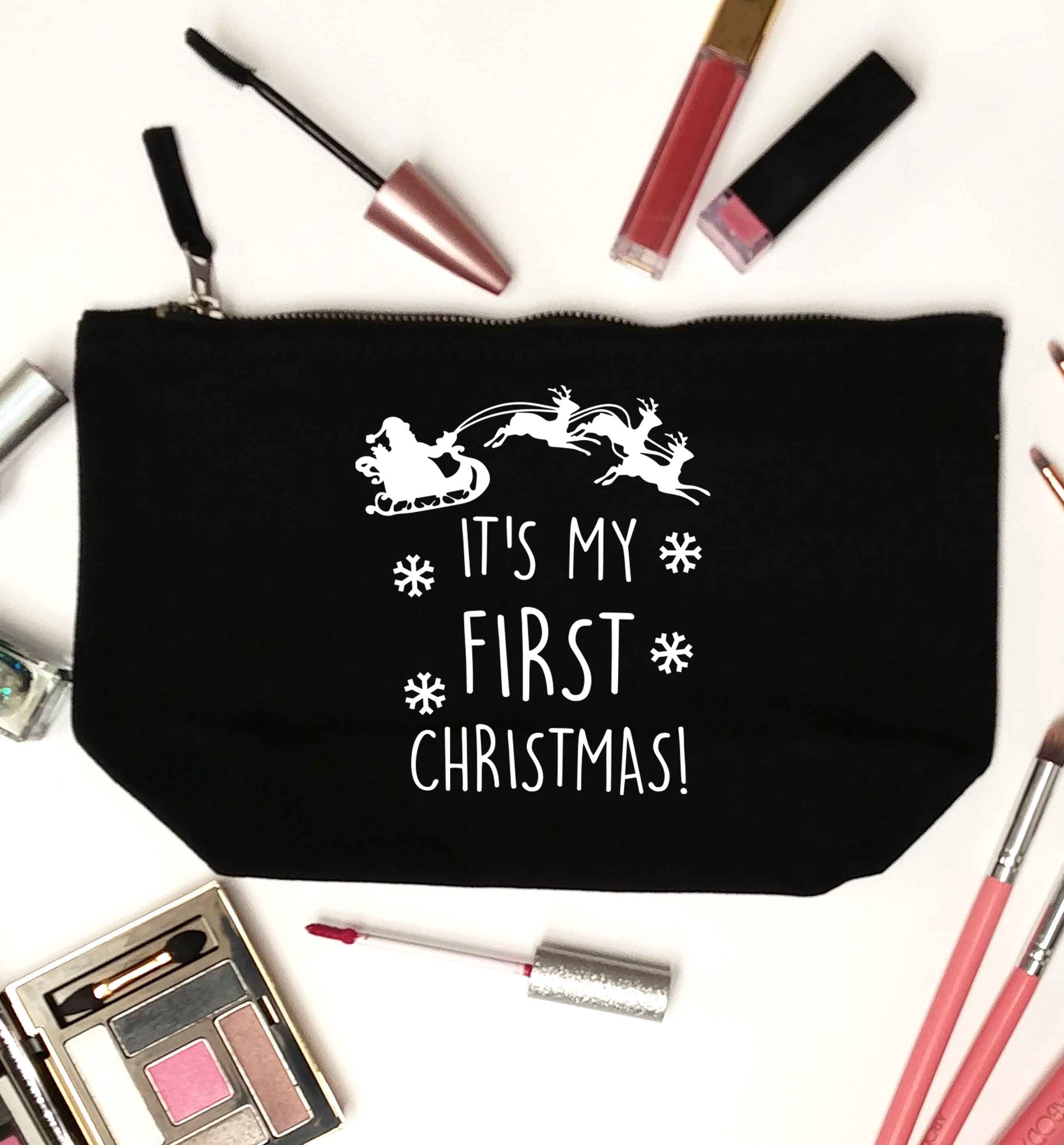 It's my first Christmas - Santa sleigh text black makeup bag