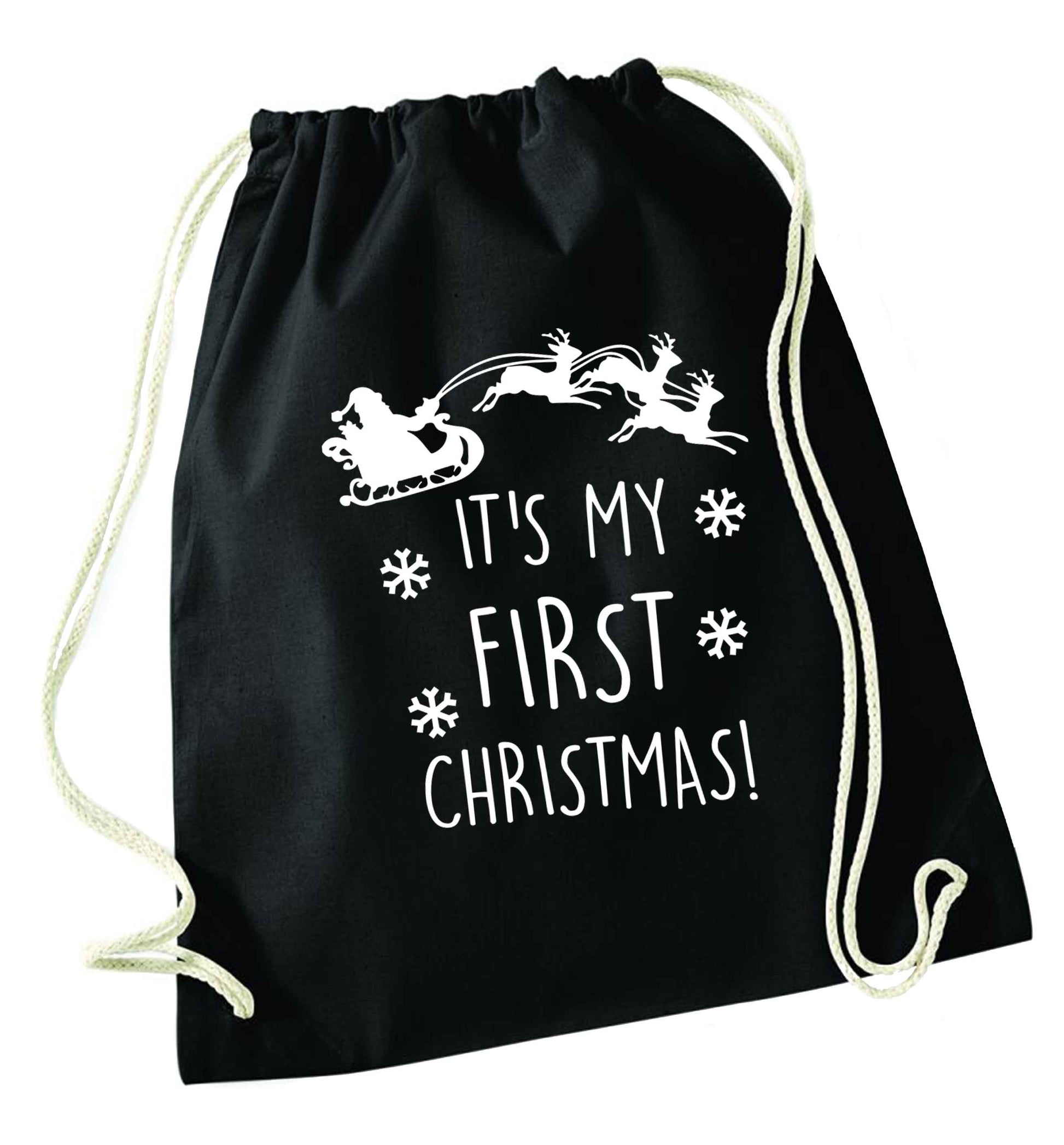 It's my first Christmas - Santa sleigh text black drawstring bag