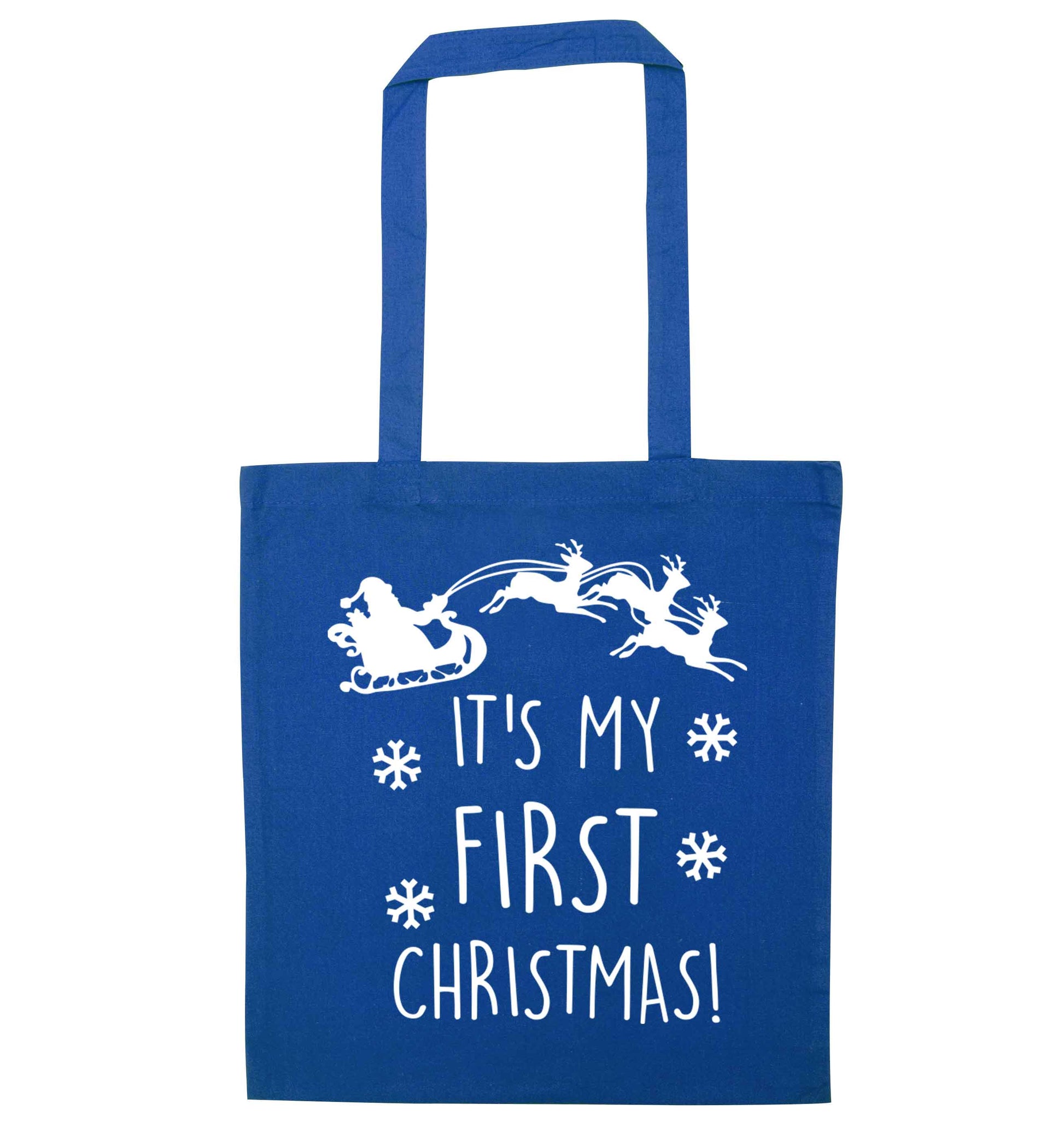 It's my first Christmas - Santa sleigh text blue tote bag