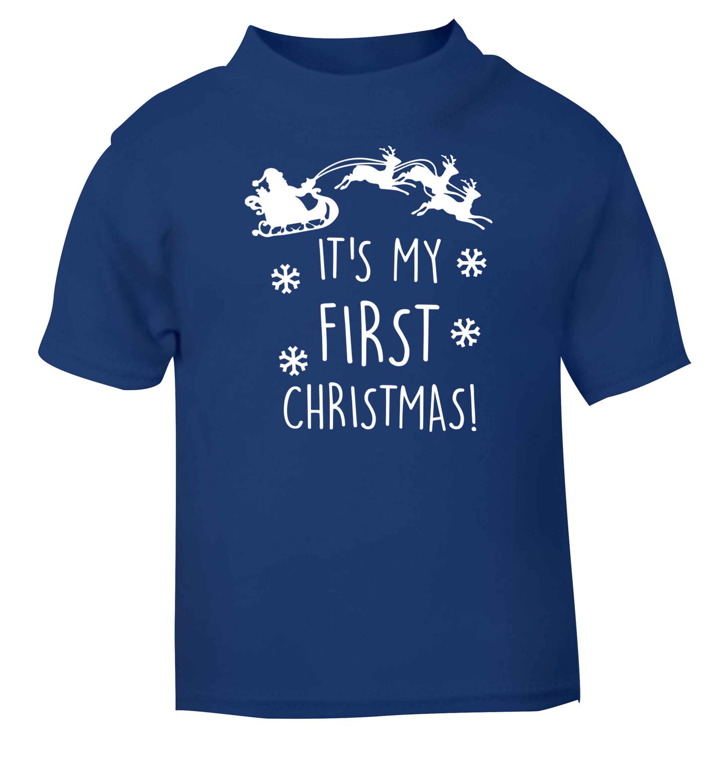 It's my first Christmas - Santa sleigh text blue baby toddler Tshirt 2 Years