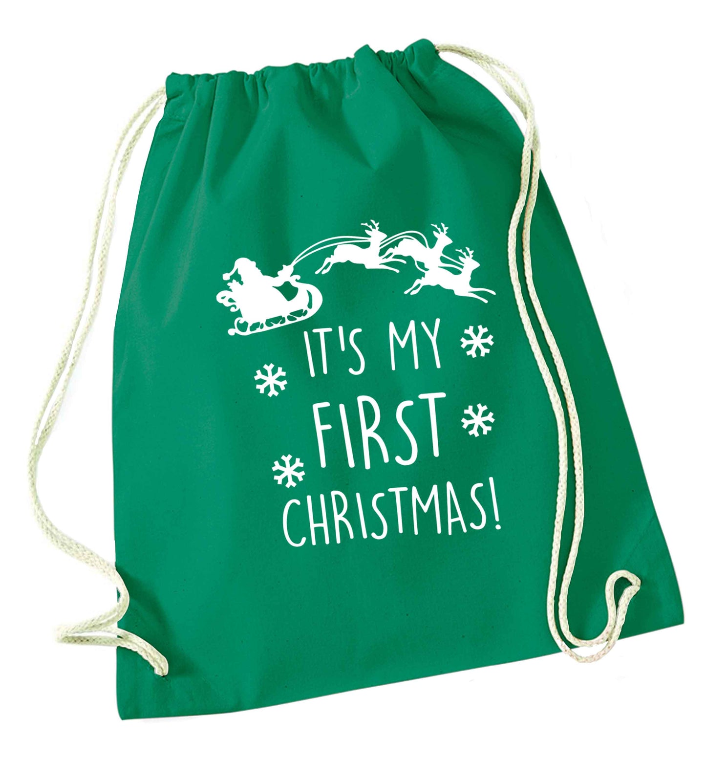 It's my first Christmas - Santa sleigh text green drawstring bag