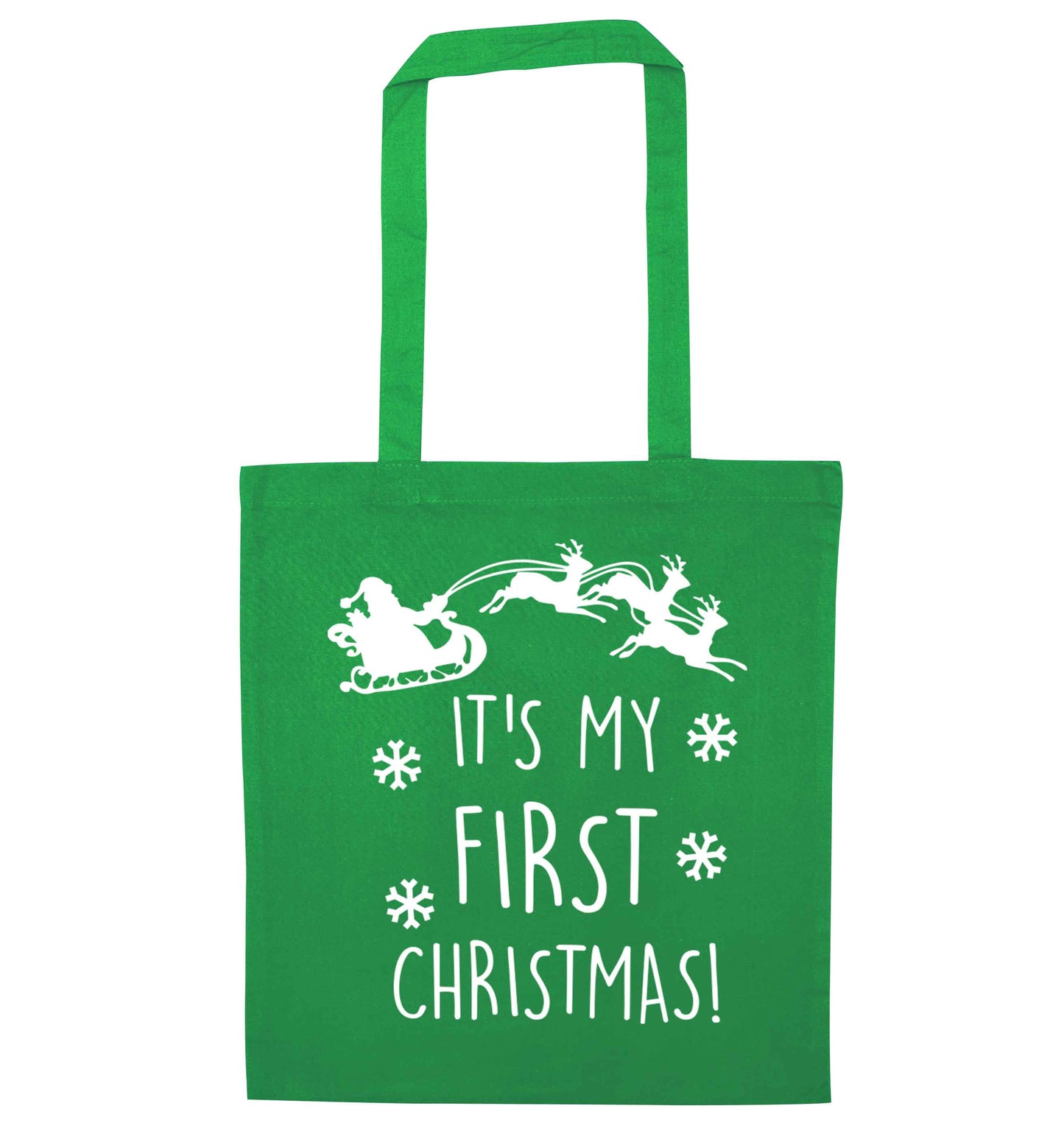 It's my first Christmas - Santa sleigh text green tote bag
