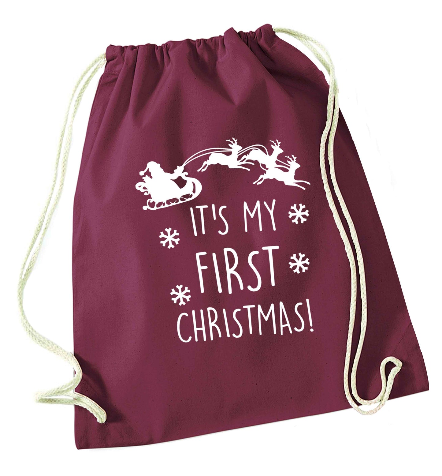 It's my first Christmas - Santa sleigh text maroon drawstring bag