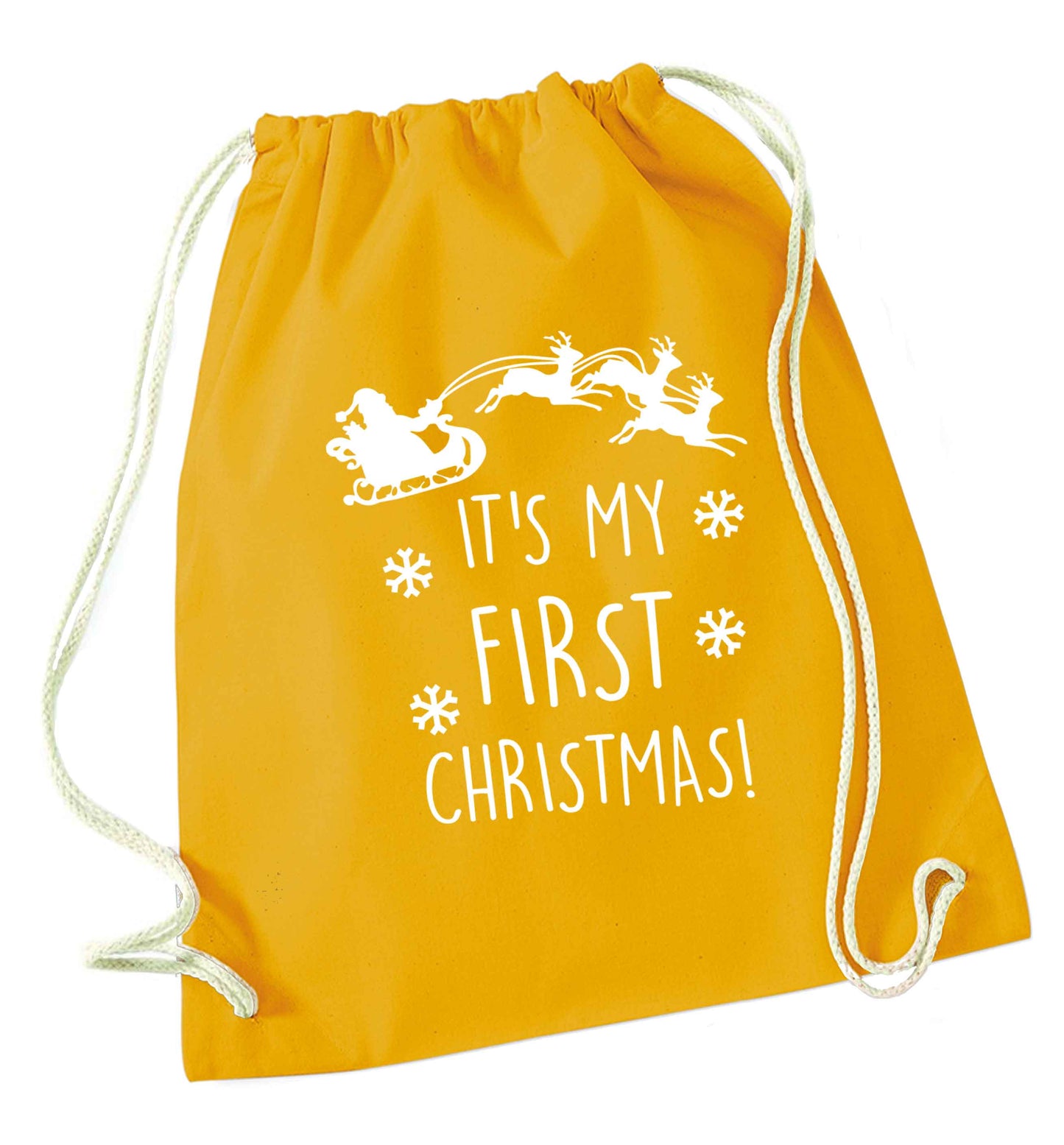It's my first Christmas - Santa sleigh text mustard drawstring bag