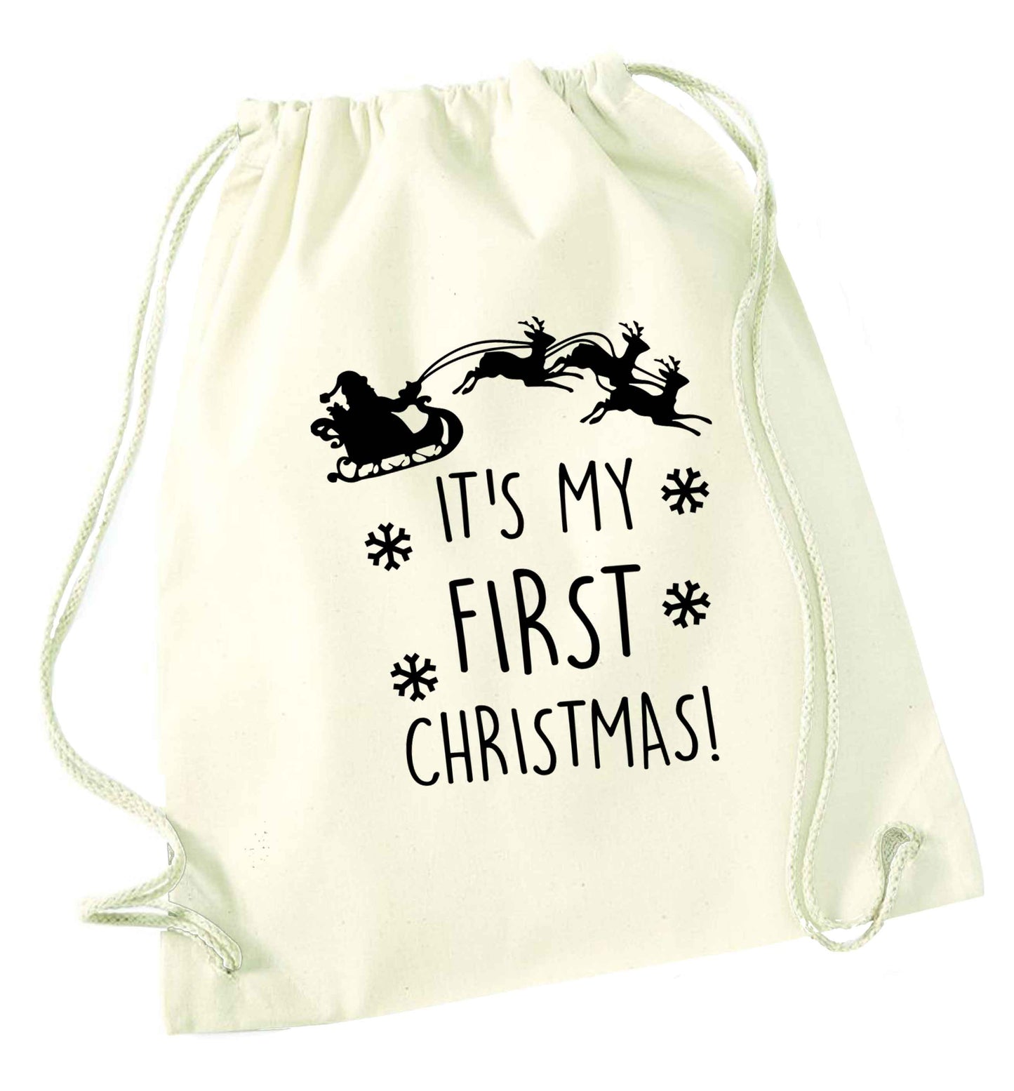 It's my first Christmas - Santa sleigh text natural drawstring bag
