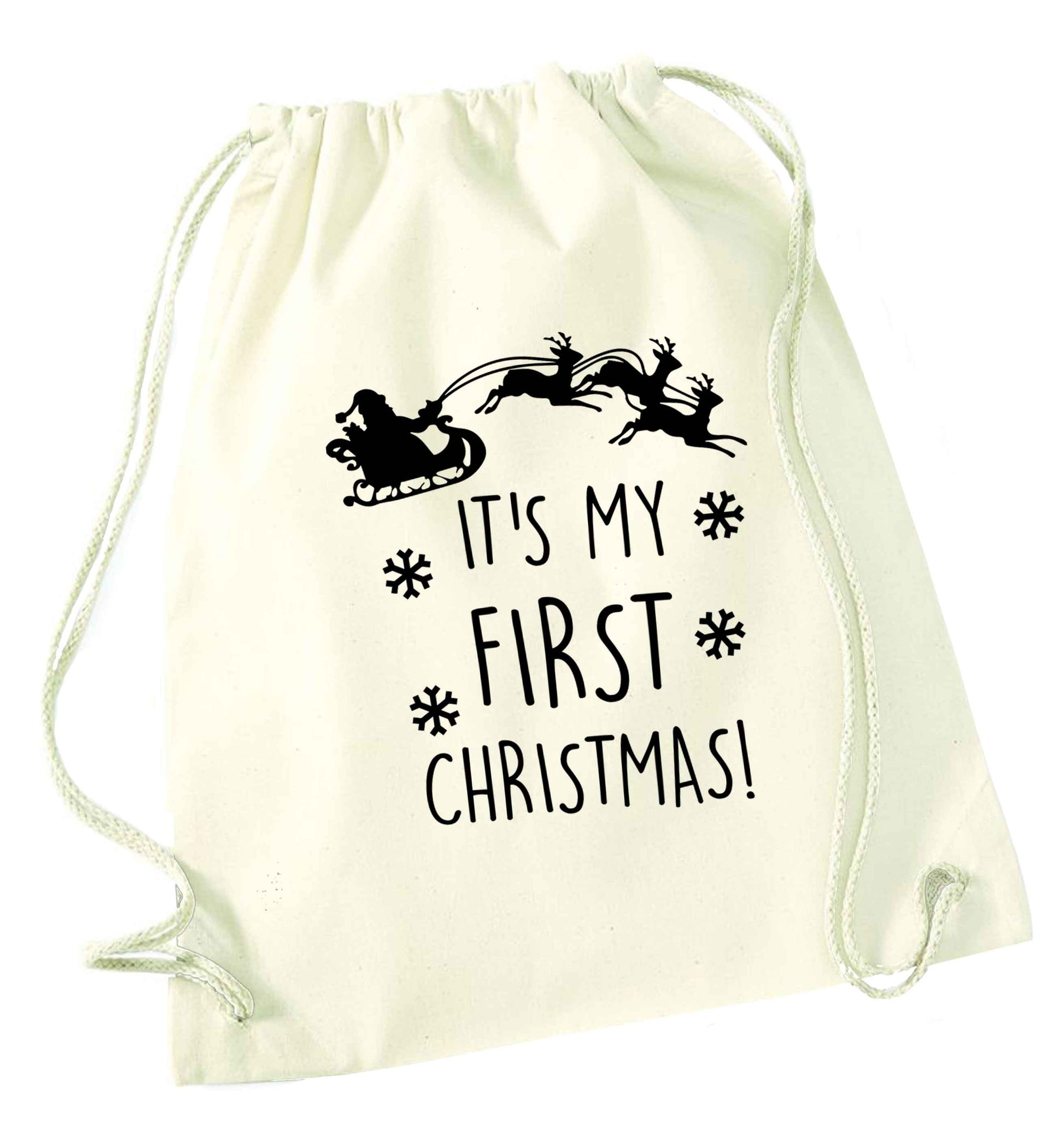 It's my first Christmas - Santa sleigh text natural drawstring bag