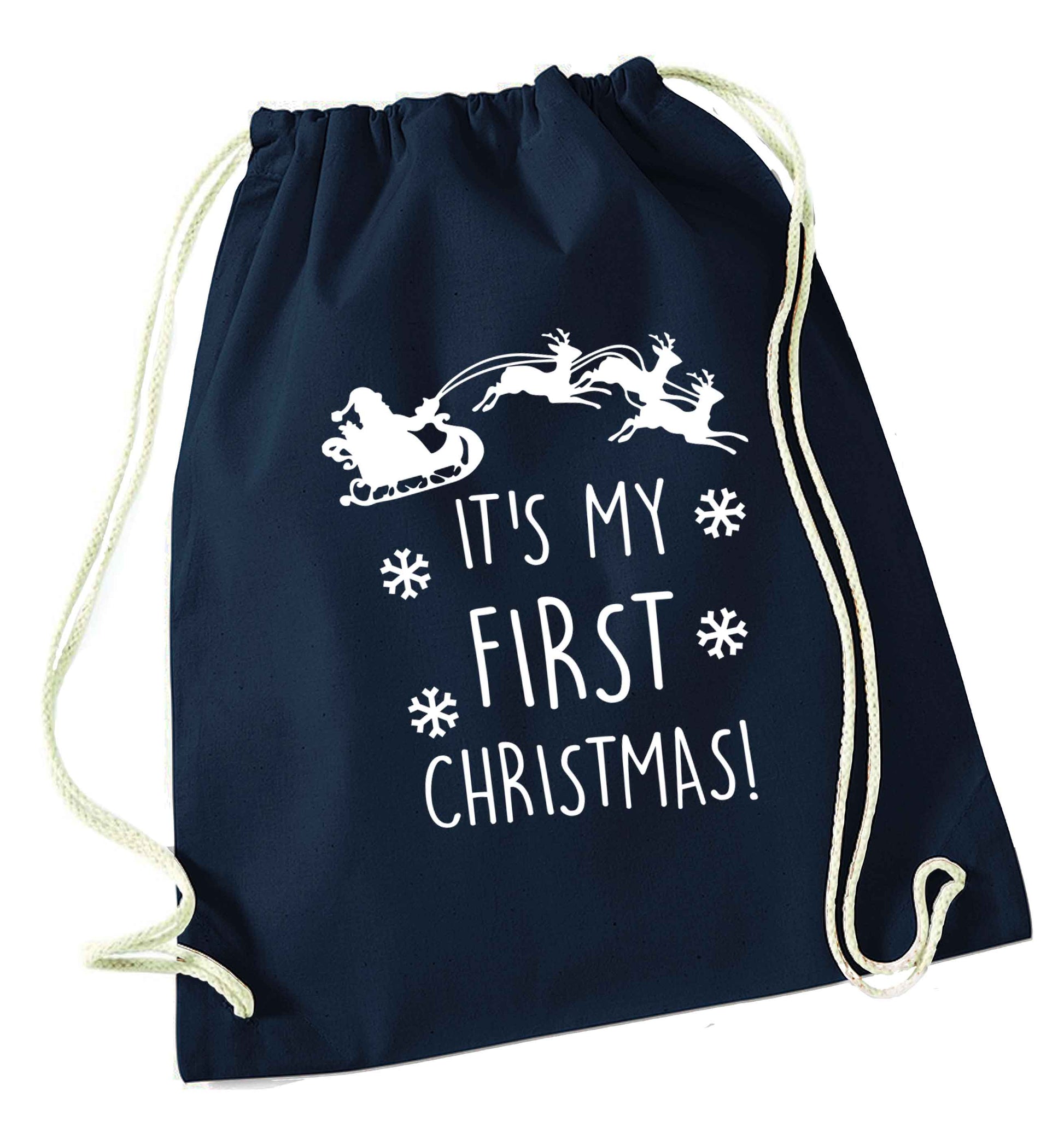 It's my first Christmas - Santa sleigh text navy drawstring bag