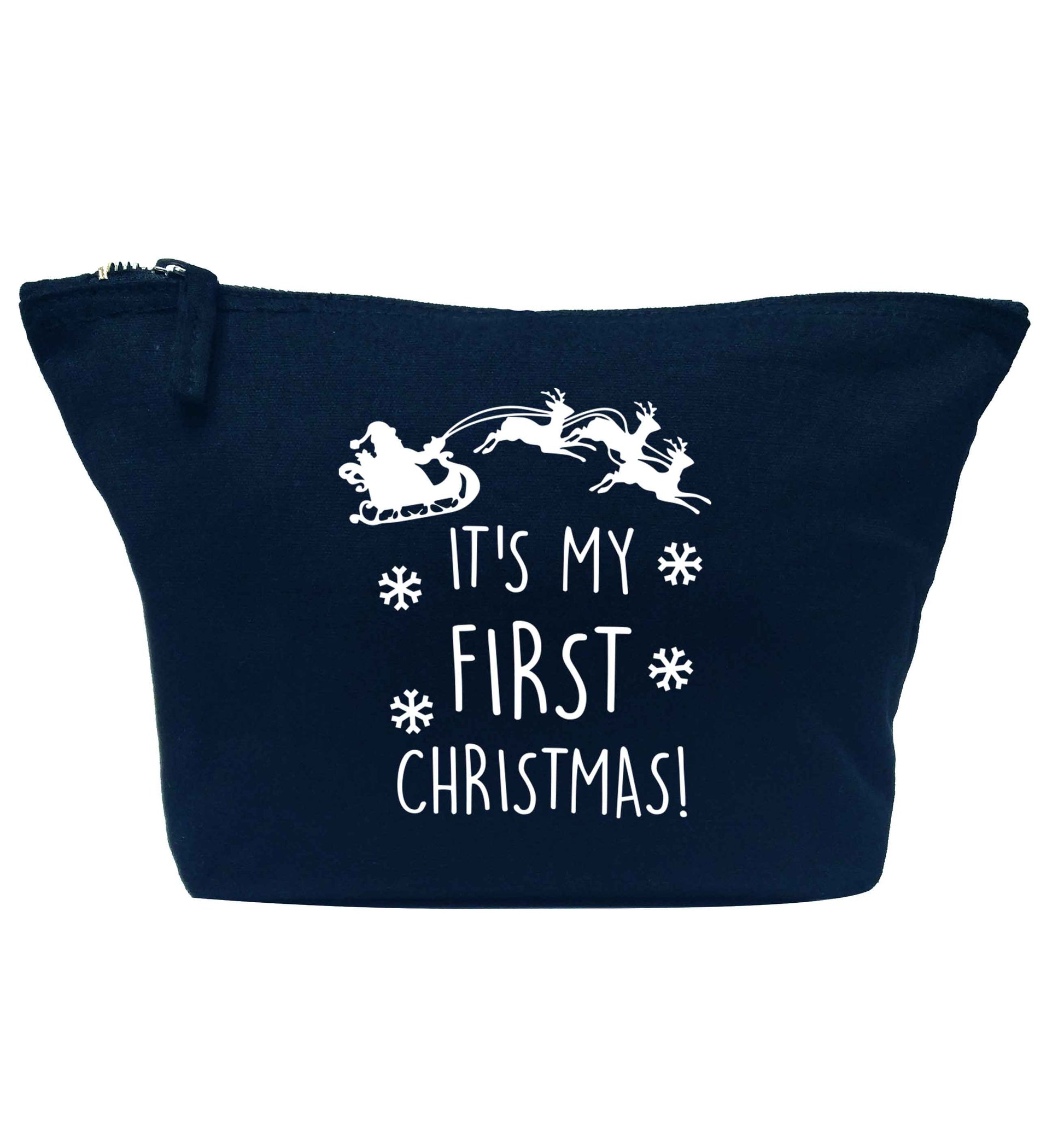 It's my first Christmas - Santa sleigh text navy makeup bag