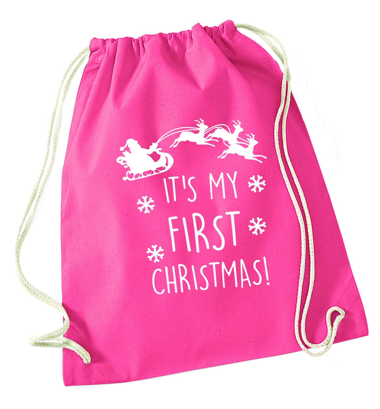 It's my first Christmas - Santa sleigh text pink drawstring bag