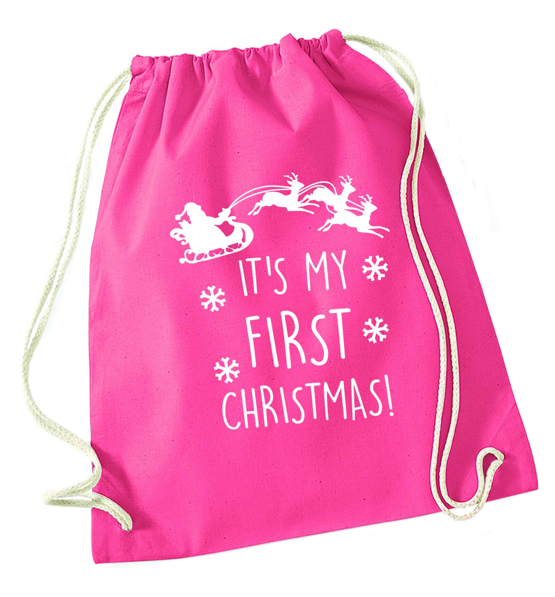 It's my first Christmas - Santa sleigh text pink drawstring bag