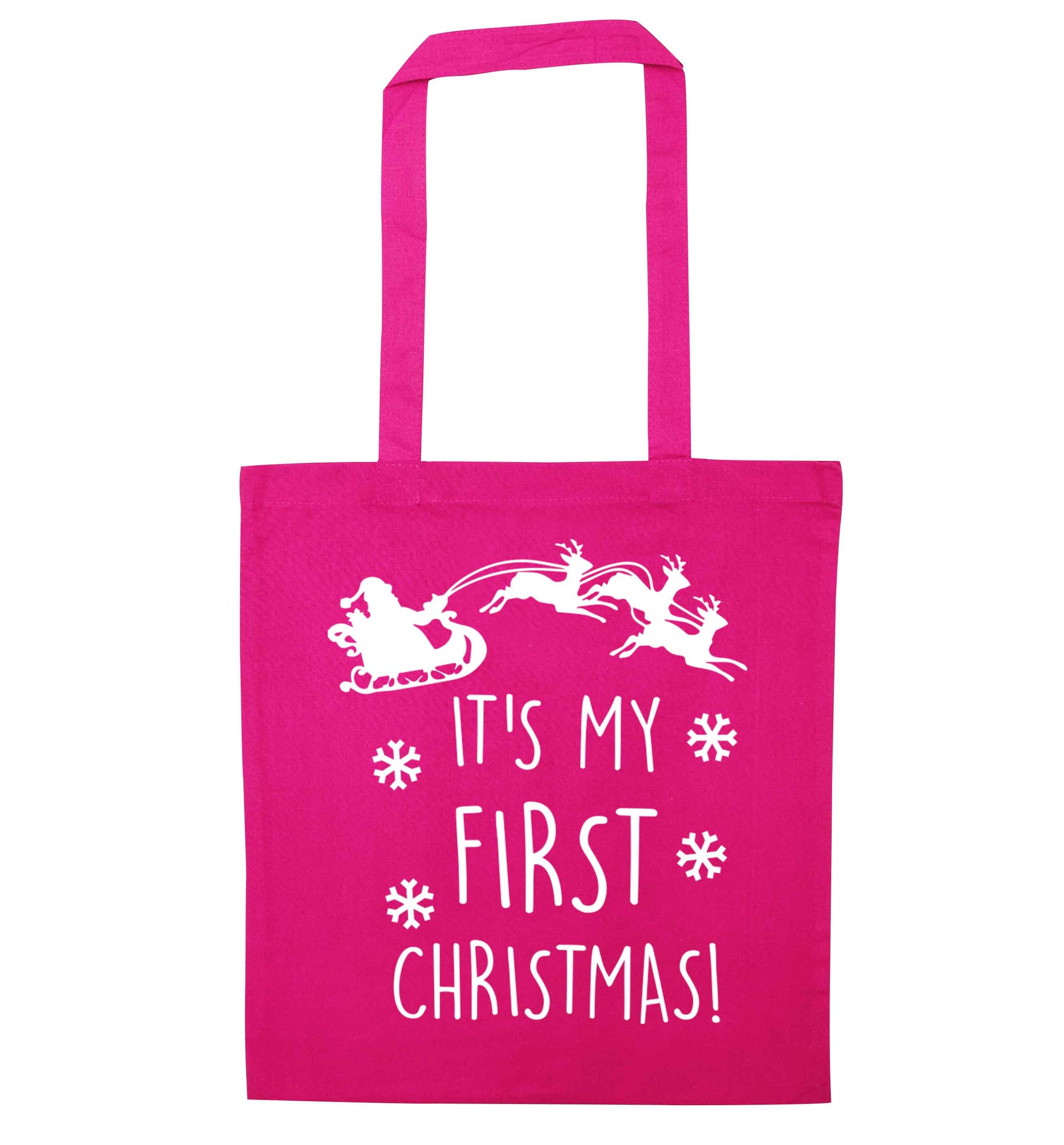 It's my first Christmas - Santa sleigh text pink tote bag
