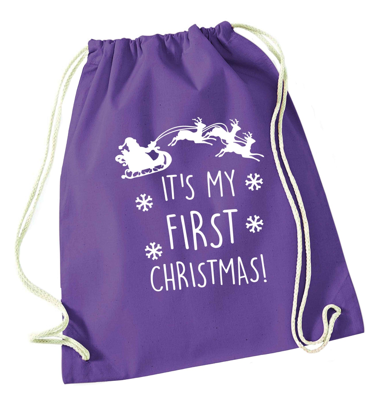 It's my first Christmas - Santa sleigh text purple drawstring bag