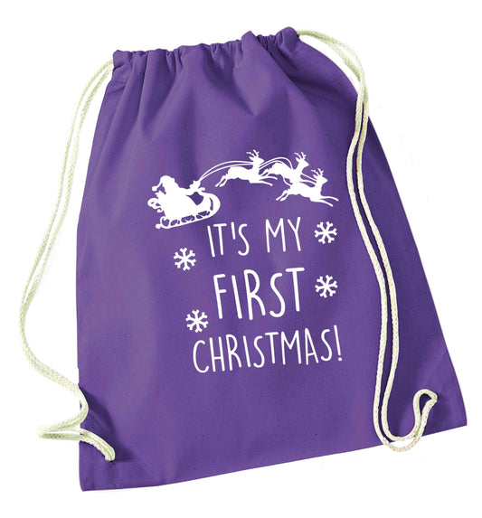 It's my first Christmas - Santa sleigh text purple drawstring bag