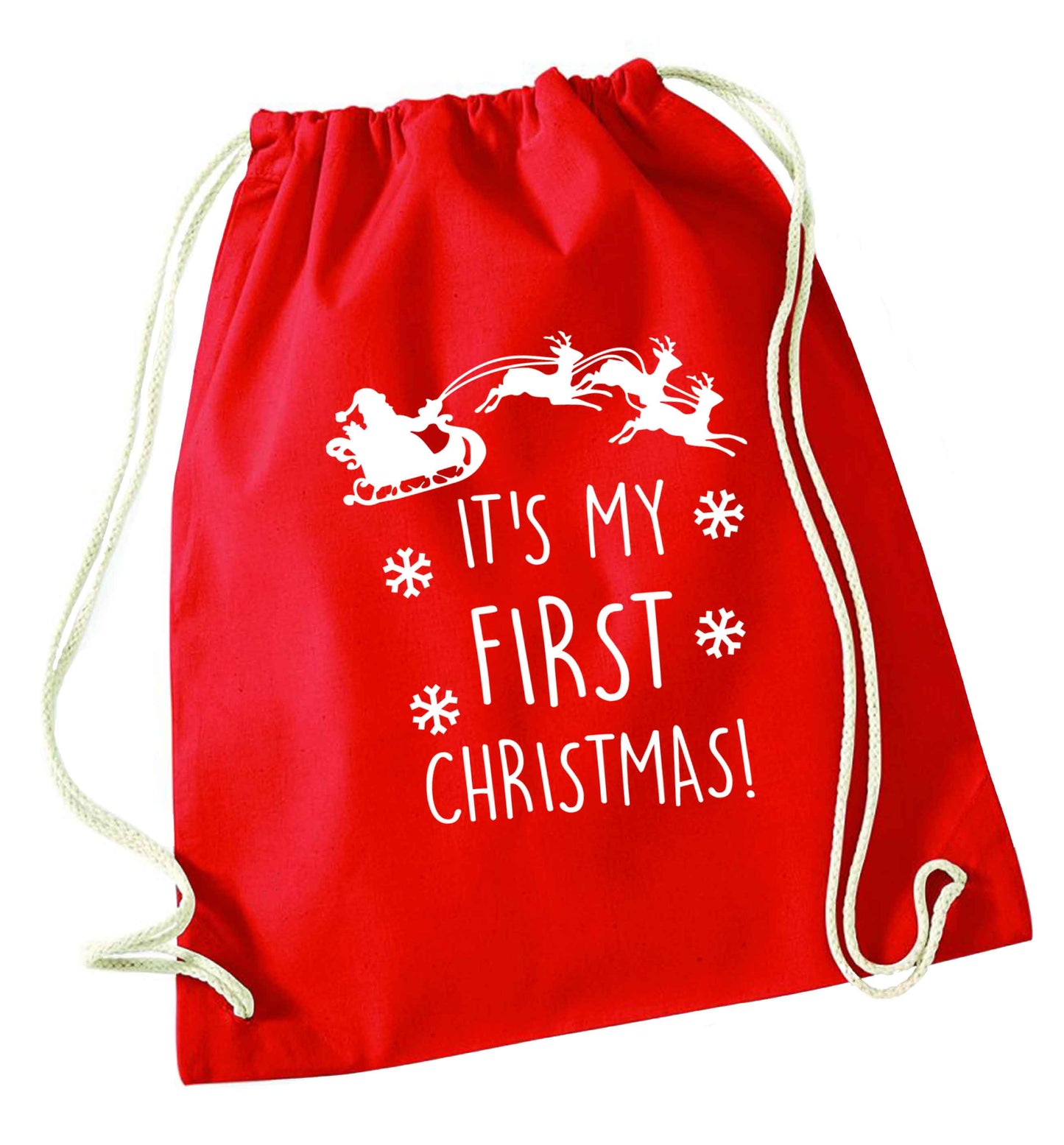 It's my first Christmas - Santa sleigh text red drawstring bag 