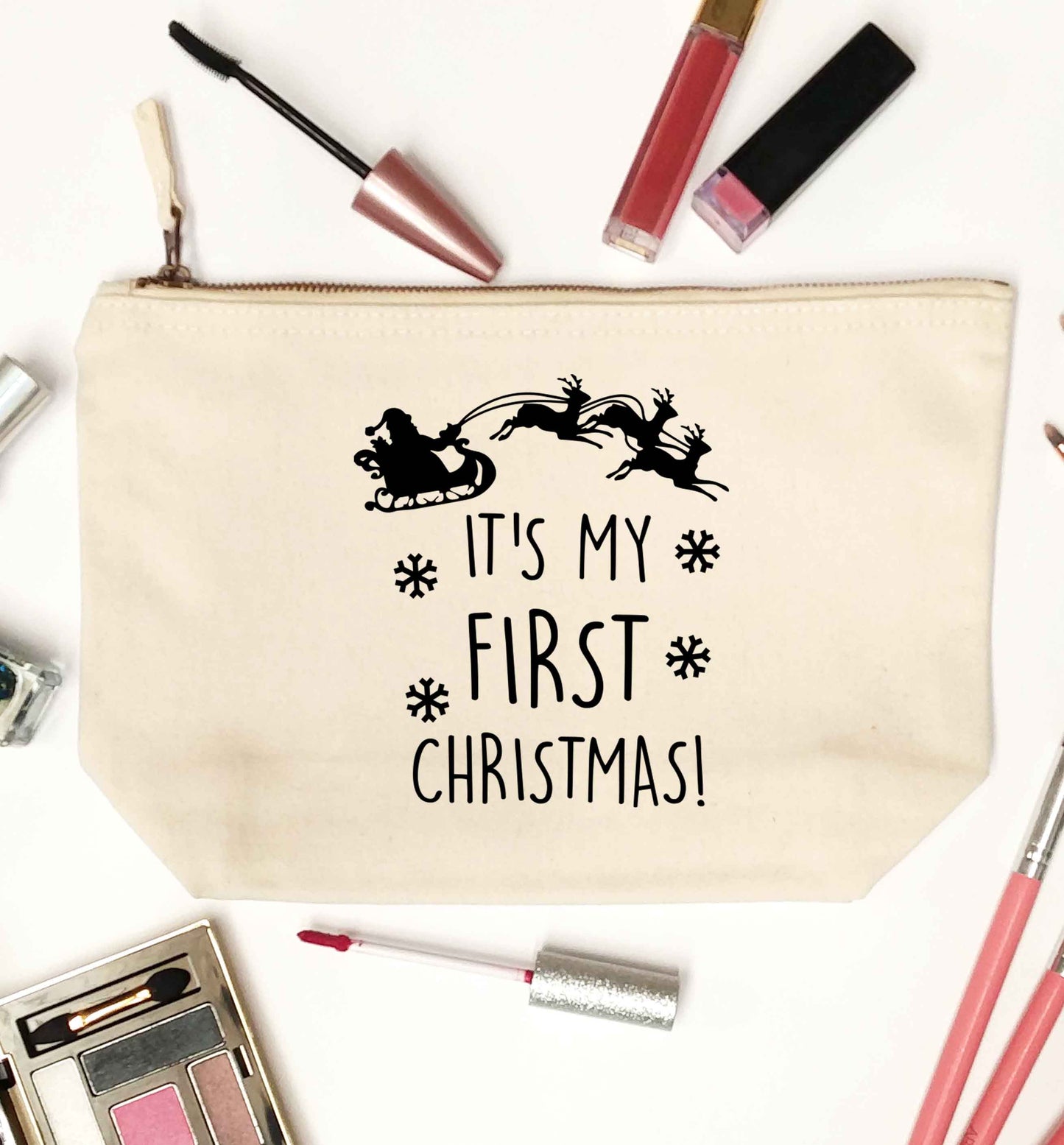 It's my first Christmas - Santa sleigh text natural makeup bag