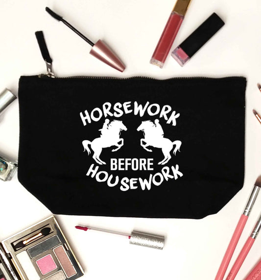 Horsework before housework black makeup bag