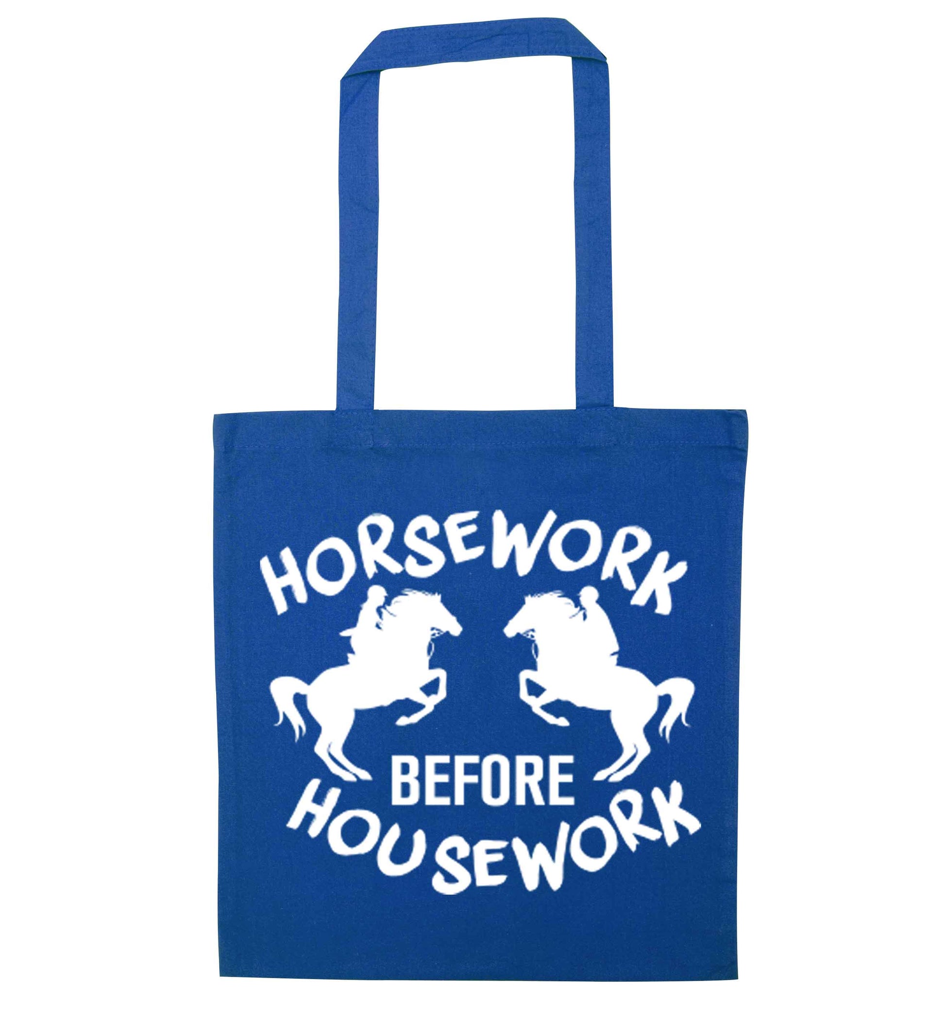 Horsework before housework blue tote bag