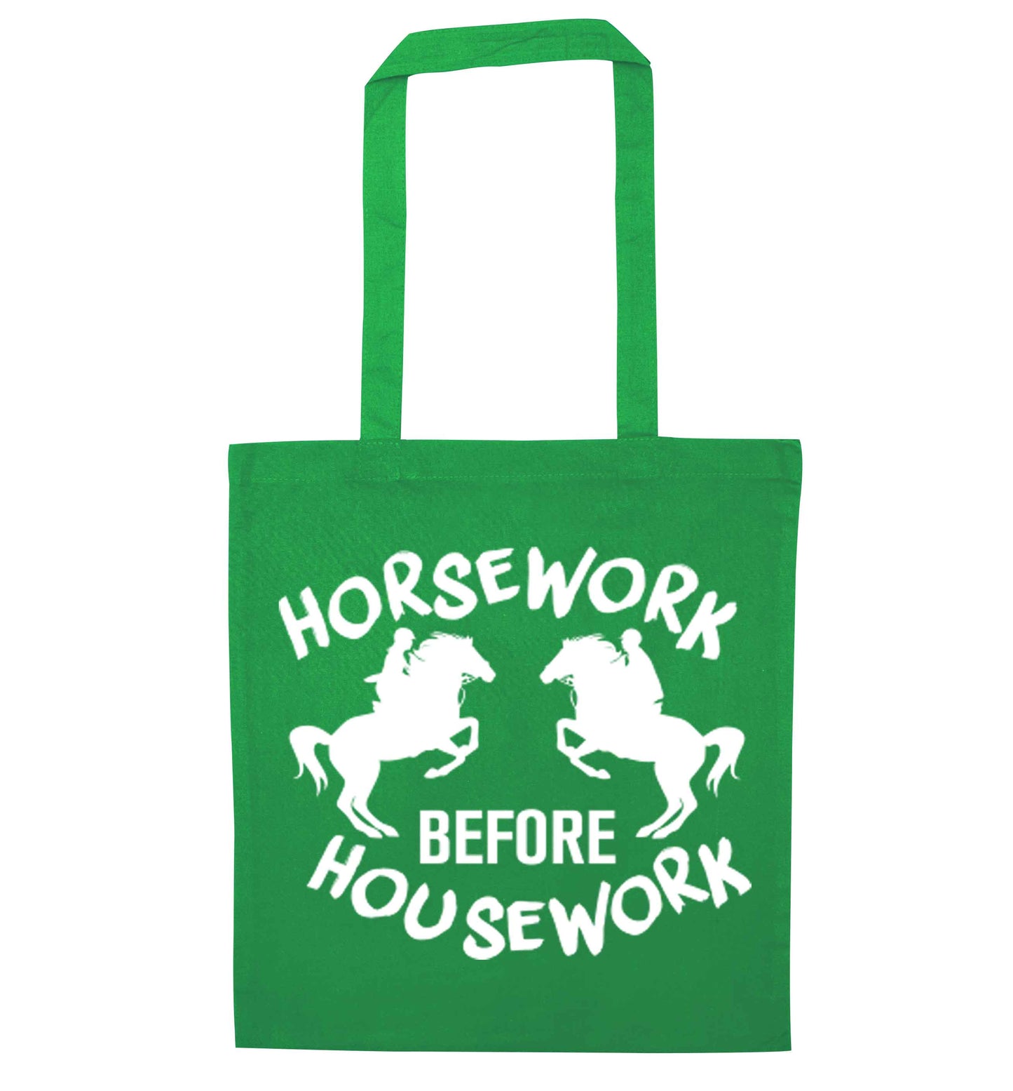 Horsework before housework green tote bag