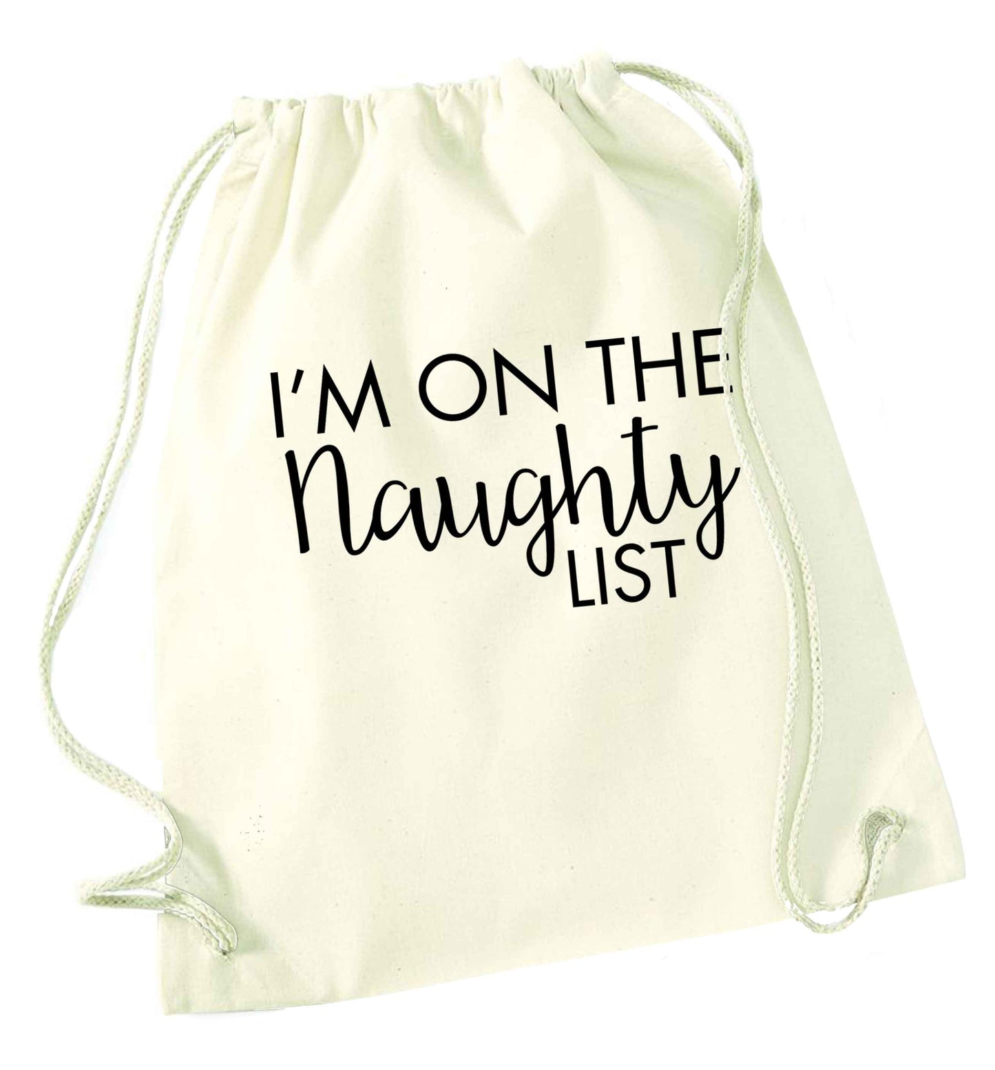 I'm on the naughty list natural drawstring bag