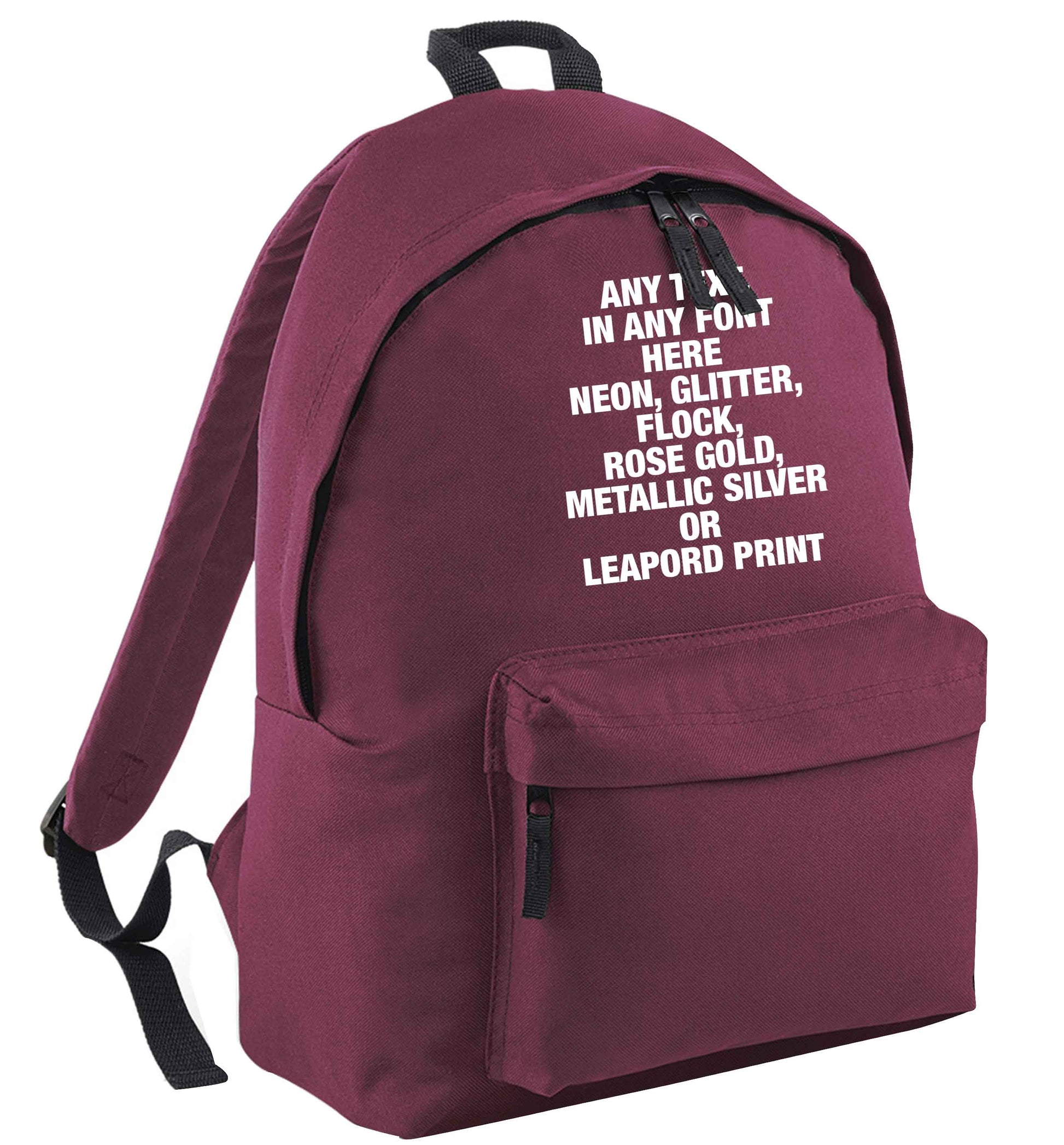 Premium custom order any text colour and font maroon adults backpack