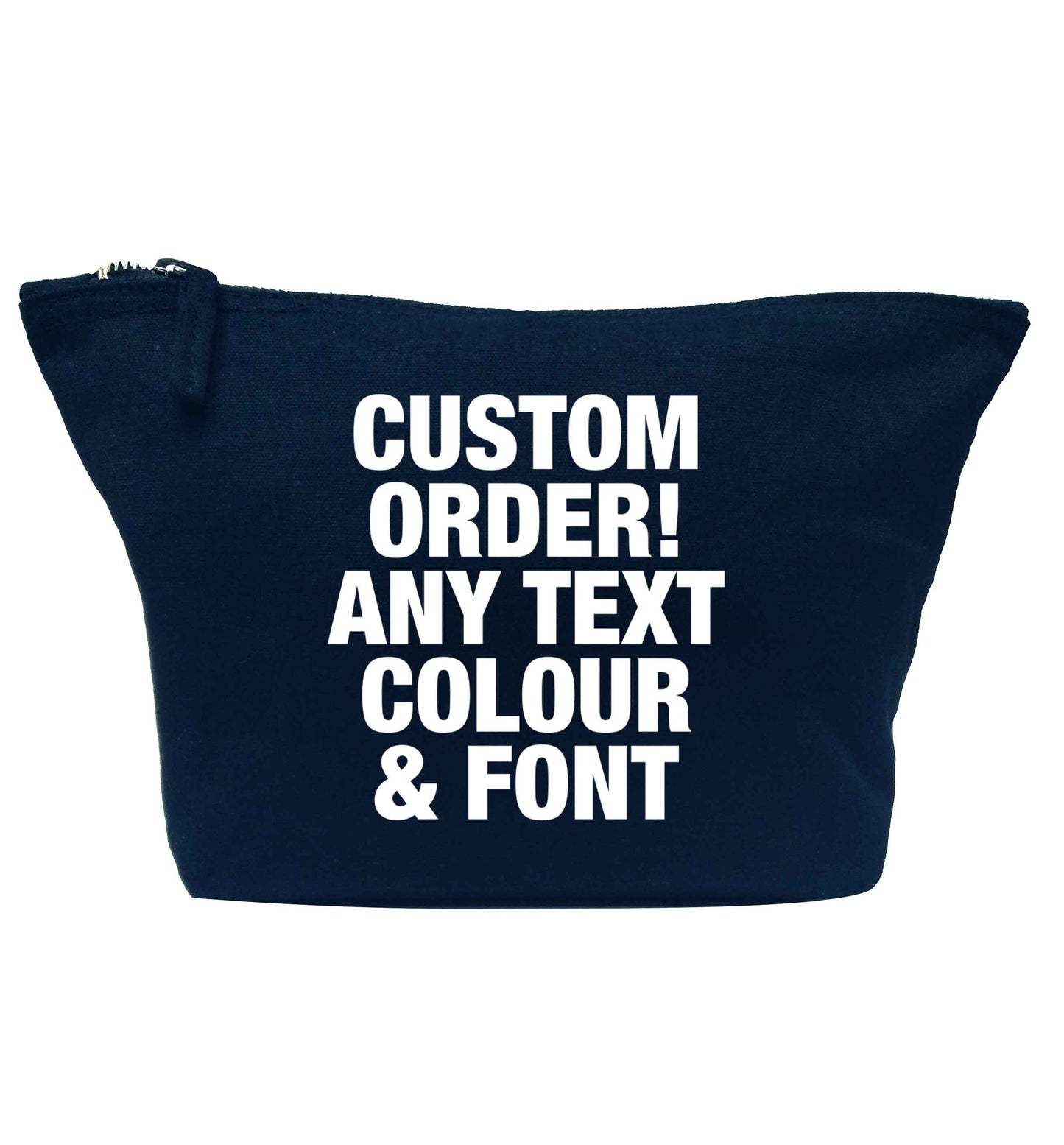 Custom order any text colour and font navy makeup bag