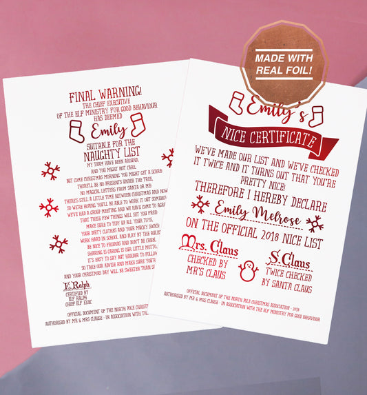 Naughty and nice certificates from Santa | Foiled print