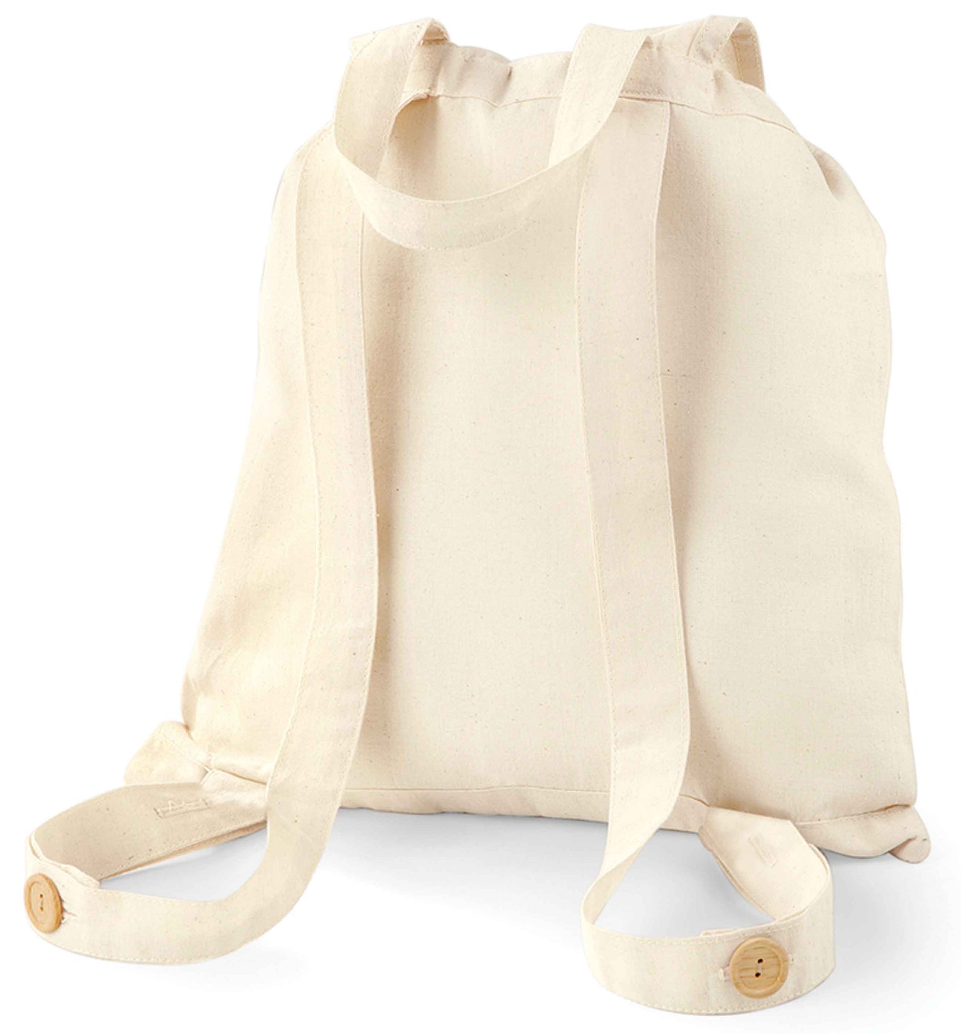 Back of organic cotton backpack tote with wooden buttons in natural