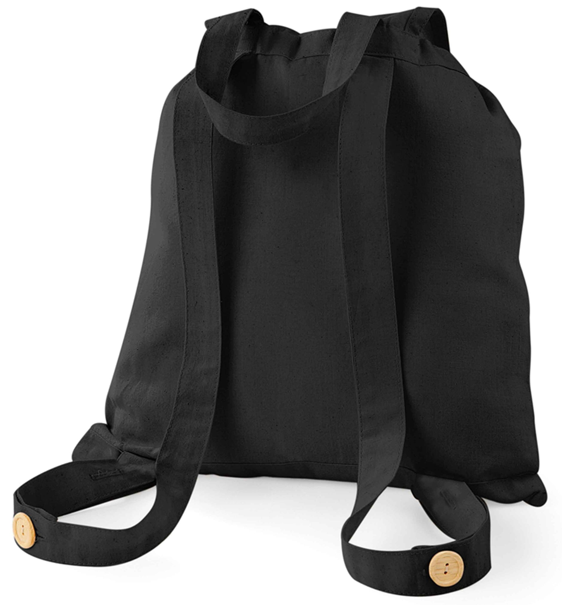 Back of organic cotton backpack tote with wooden buttons in black