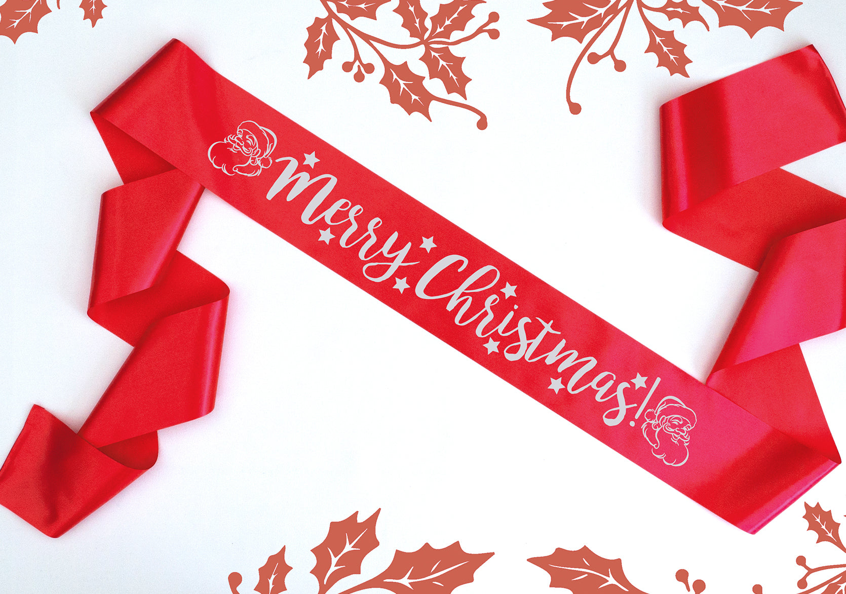 Merry Christmas red sash metallic silver text