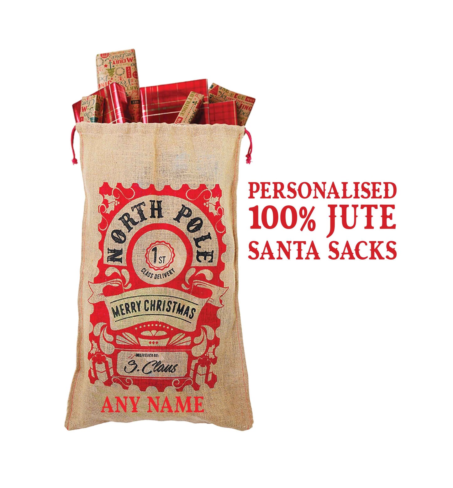 Traditional personalised Santa sack 100% jute hessian style large gift bag
